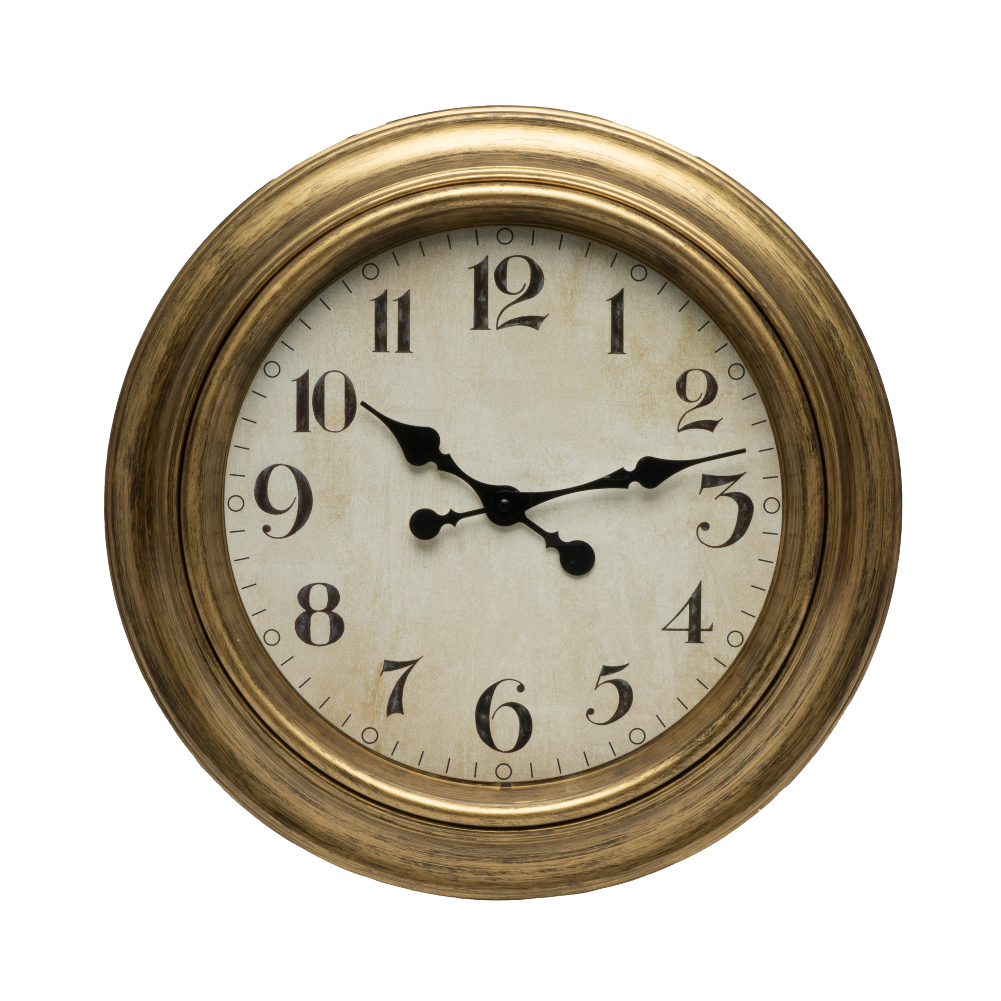 Reloj de pared Lamba Oro 46cm, vista frontal, agujas retro, Fabrilamp.