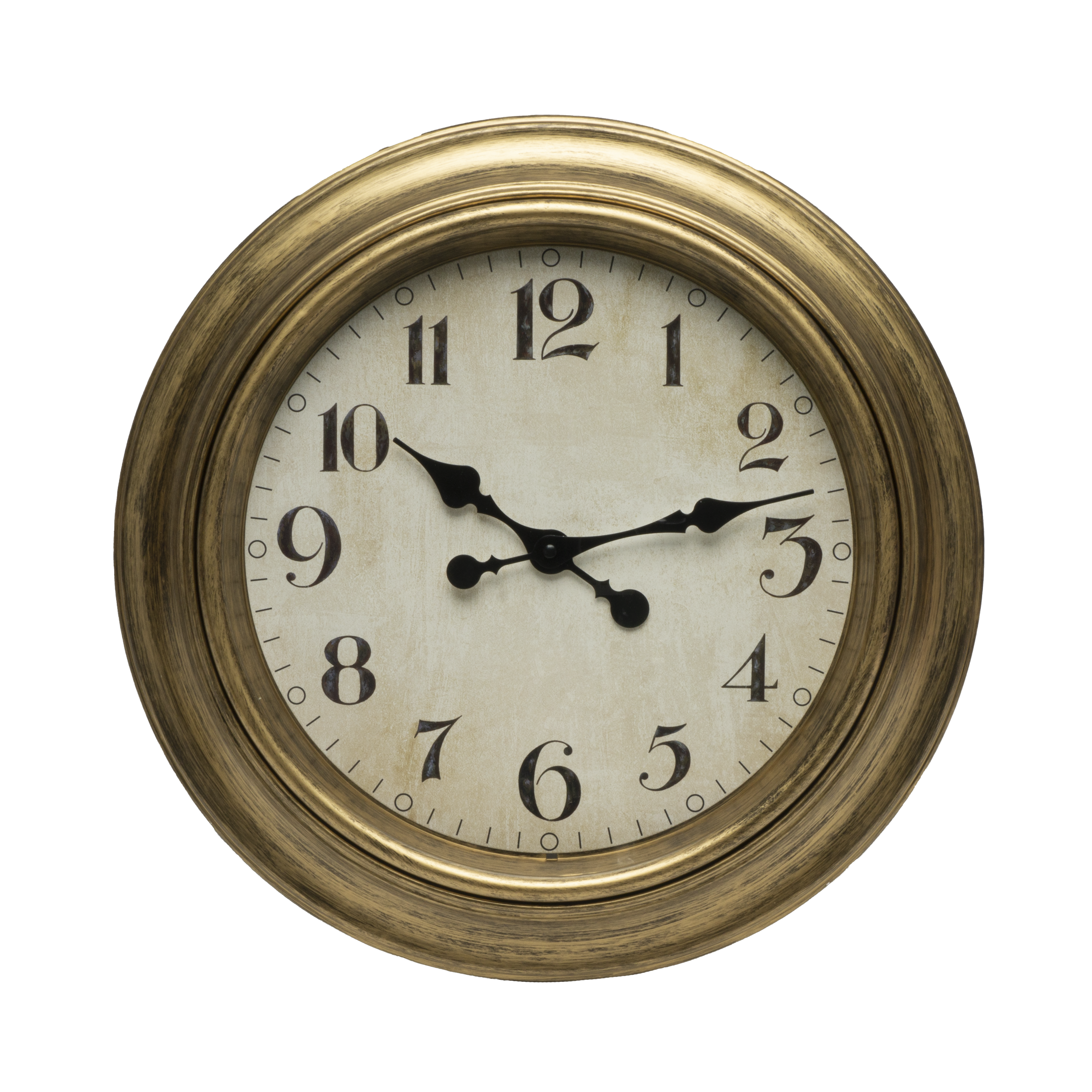 Reloj de pared Lamba Oro 46cm, vista frontal, agujas retro, Fabrilamp.