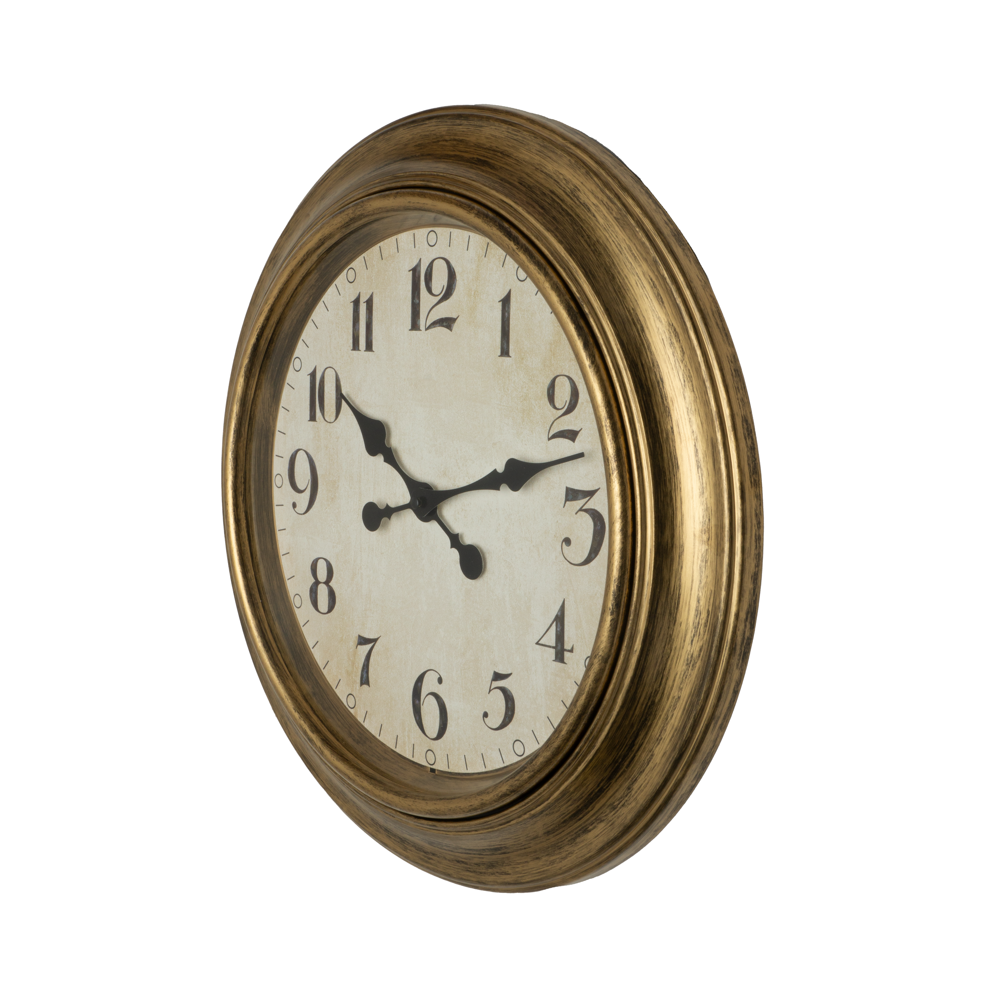 Reloj de pared Lamba Oro 46cm, vista frontal, agujas retro, Fabrilamp.