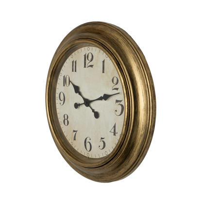 Reloj de pared Lamba Oro 46cm, vista frontal, agujas retro, Fabrilamp.