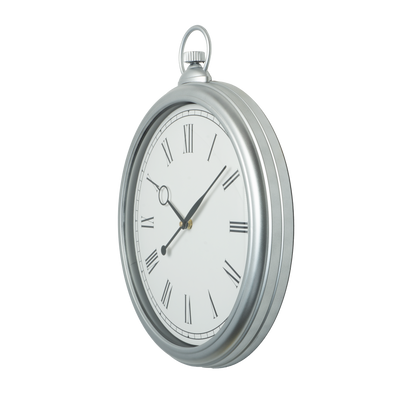 Reloj de pared Época Plata Fabrilamp, vista frontal, diseño vintage.