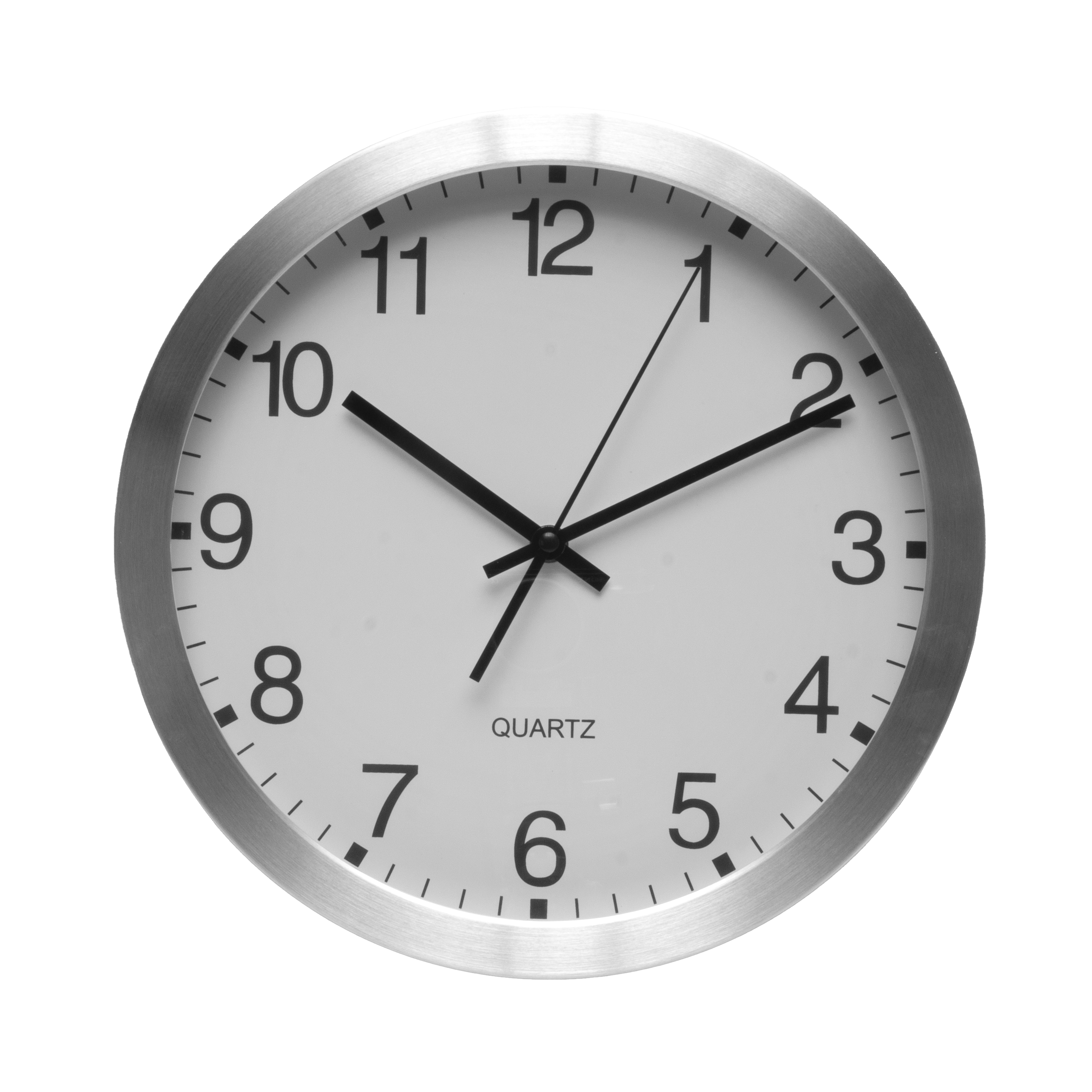 Reloj de pared Cronus de Fabrilamp, color blanco y aluminio, vista frontal.