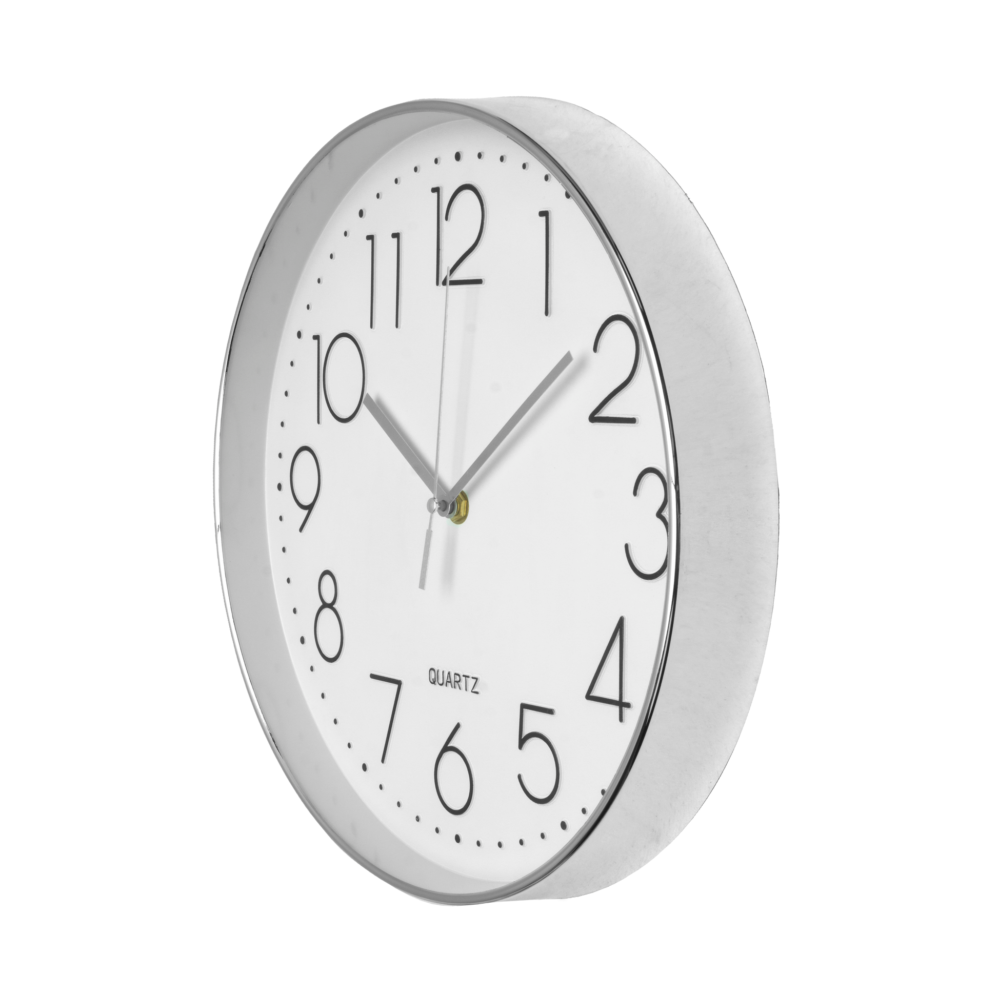 Sofisticado reloj de pared plateado, perfecto para oficina
