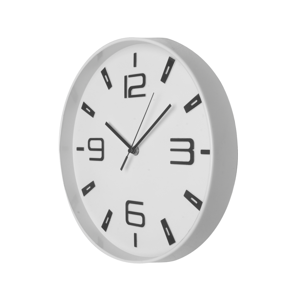 Reloj de pared Aroa blanco de 30 cm, vista frontal, Fabrilamp.
