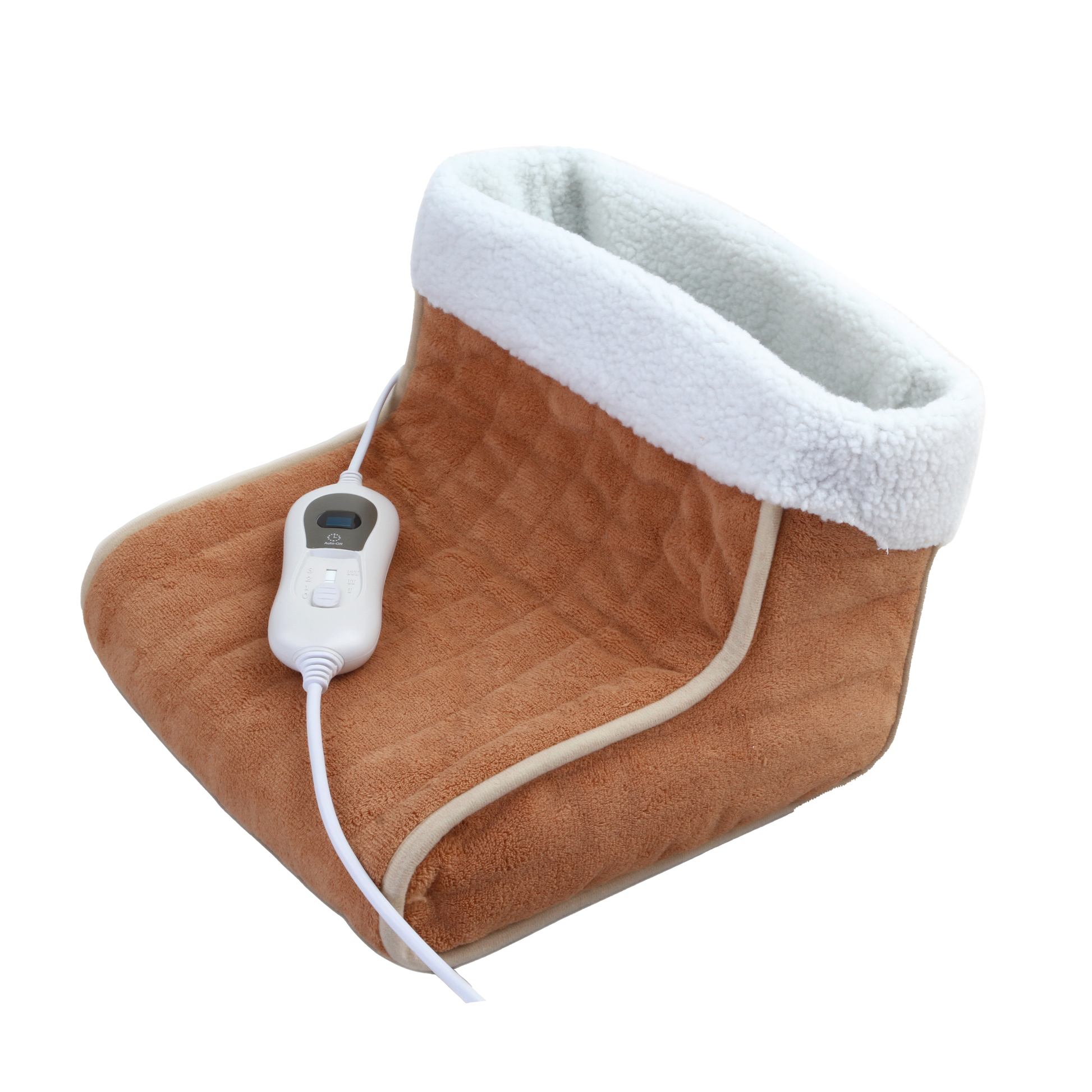 Calientapiés Relax fabricado en Poliester color Camel/blanco, suave y lavable.