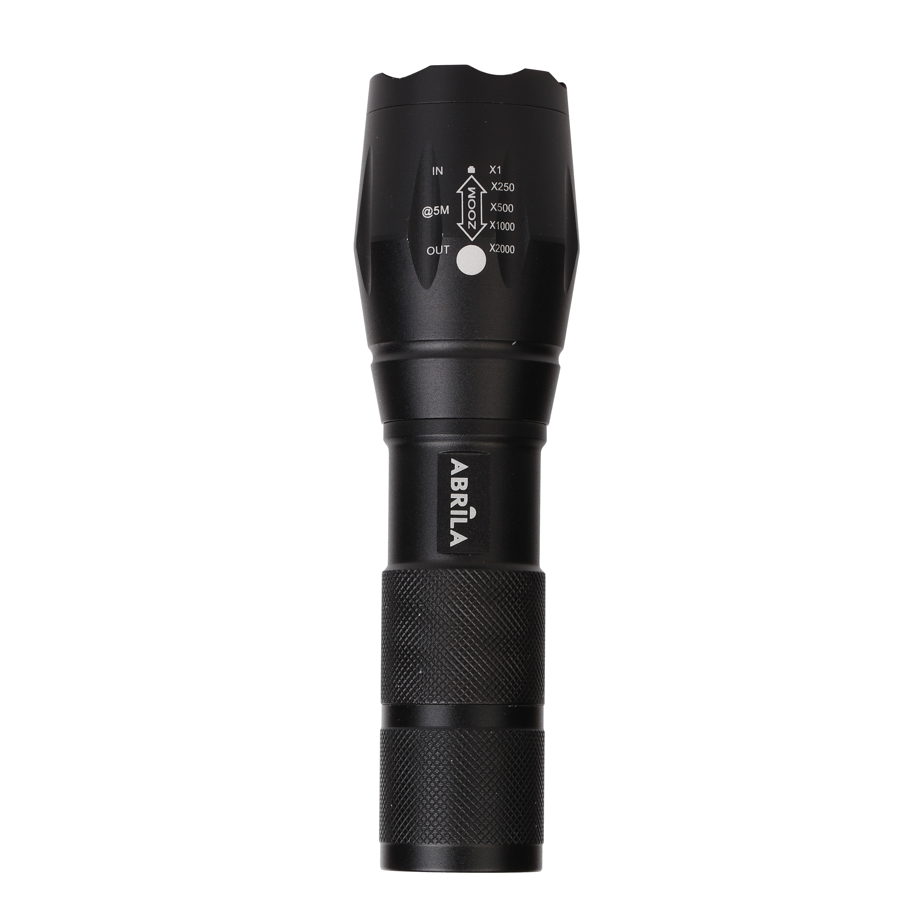 Linterna LED Centello Negra de Fabrilamp, vista frontal mostrando los 5 modos de iluminación.