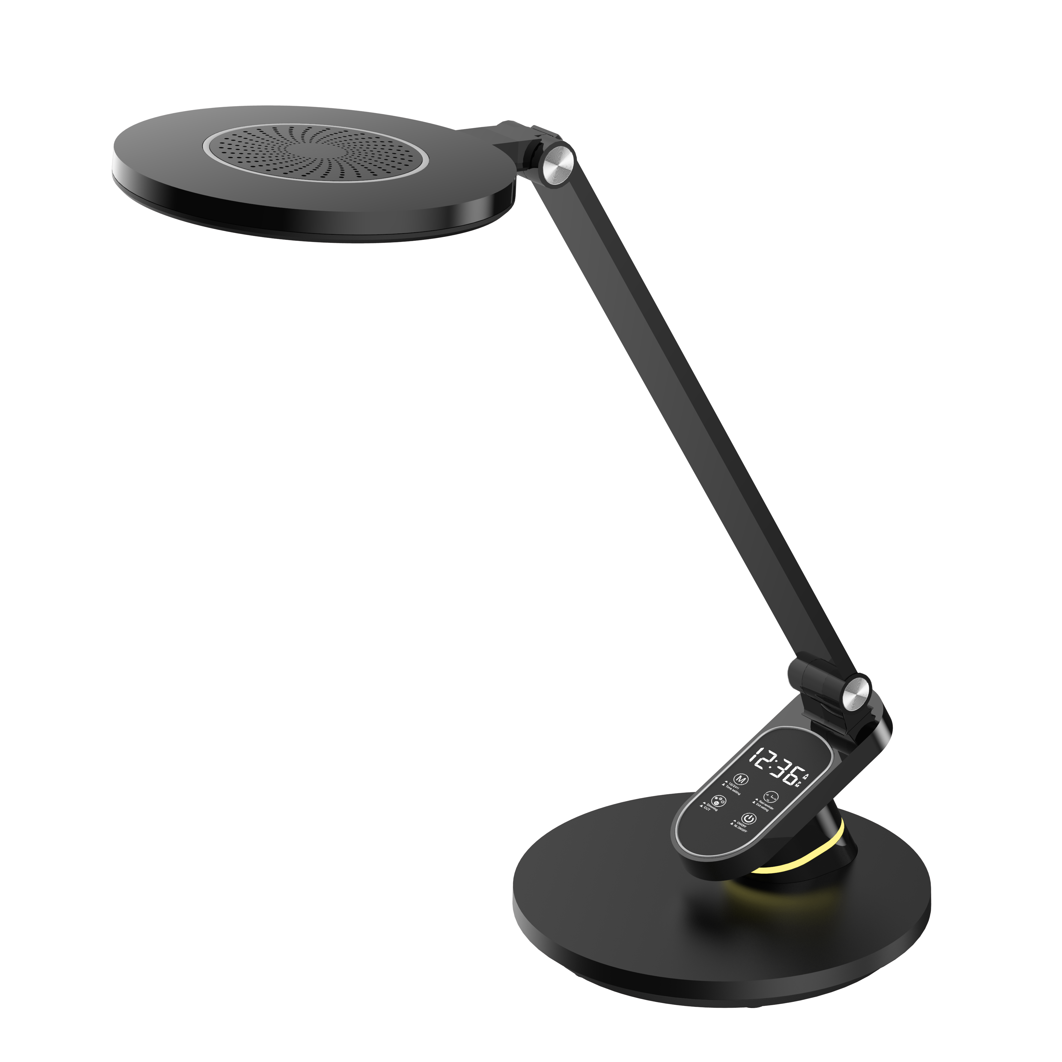 Flexo Hamlet Negro 10W 800lm, vista frontal, mostrando sus controles táctiles y pantalla LCD.