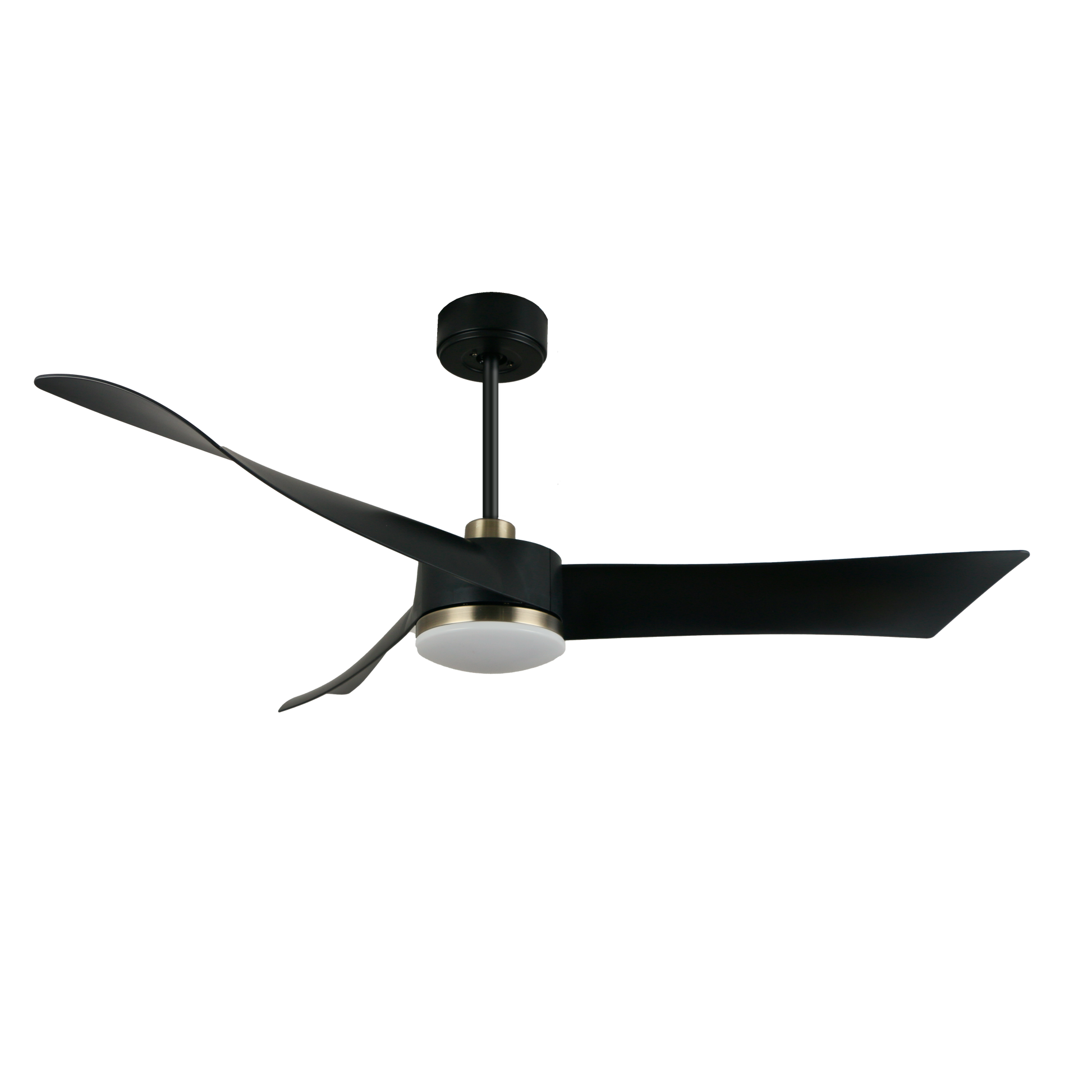 Ventilador de techo Tempel DC de Fabrilamp, vista general, negro y cuero, 132cm de diámetro