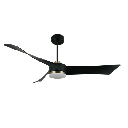 Ventilador de techo Tempel DC de Fabrilamp, vista general, negro y cuero, 132cm de diámetro