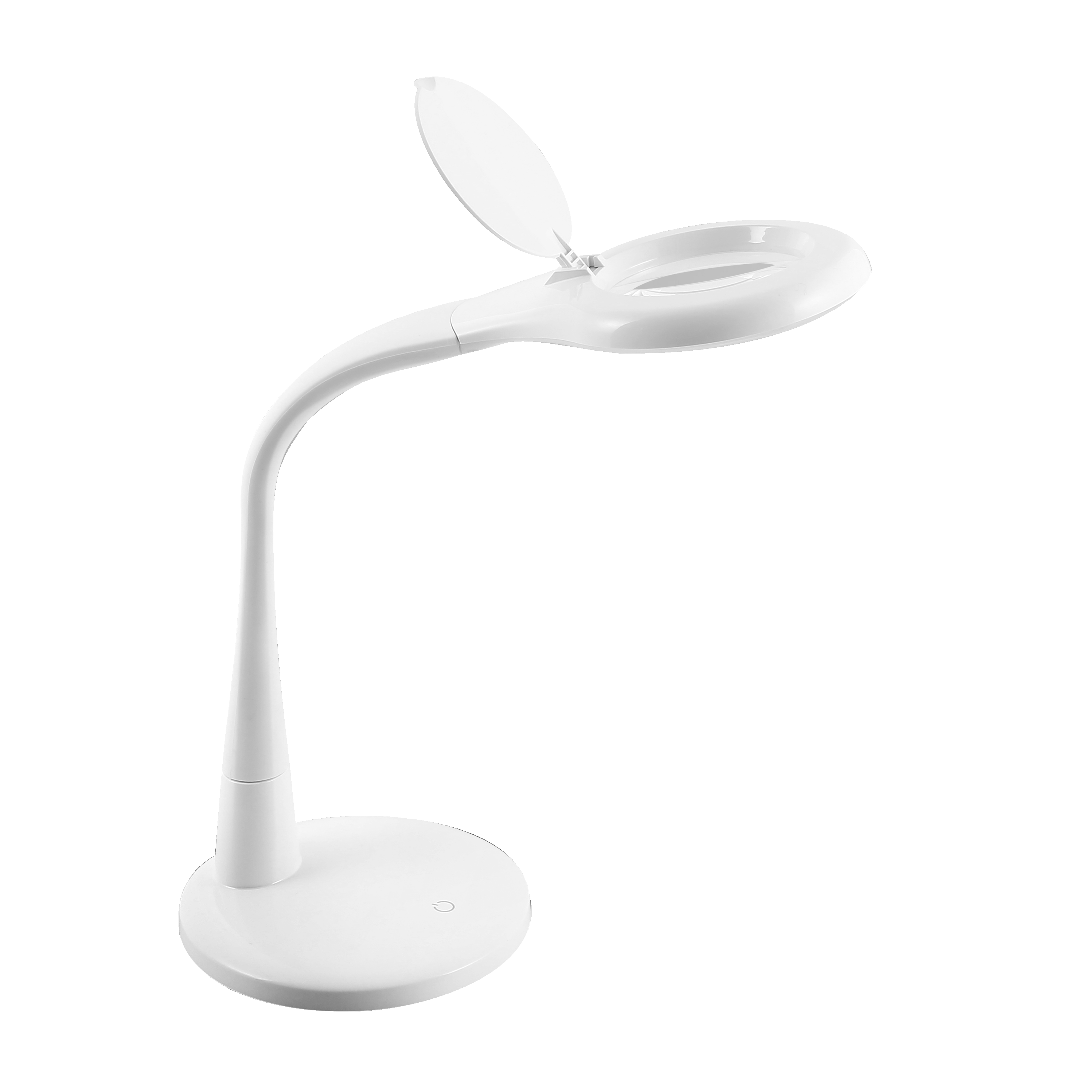 Flexo Plath Blanco 8w con lupa, vista frontal. luzguru.com