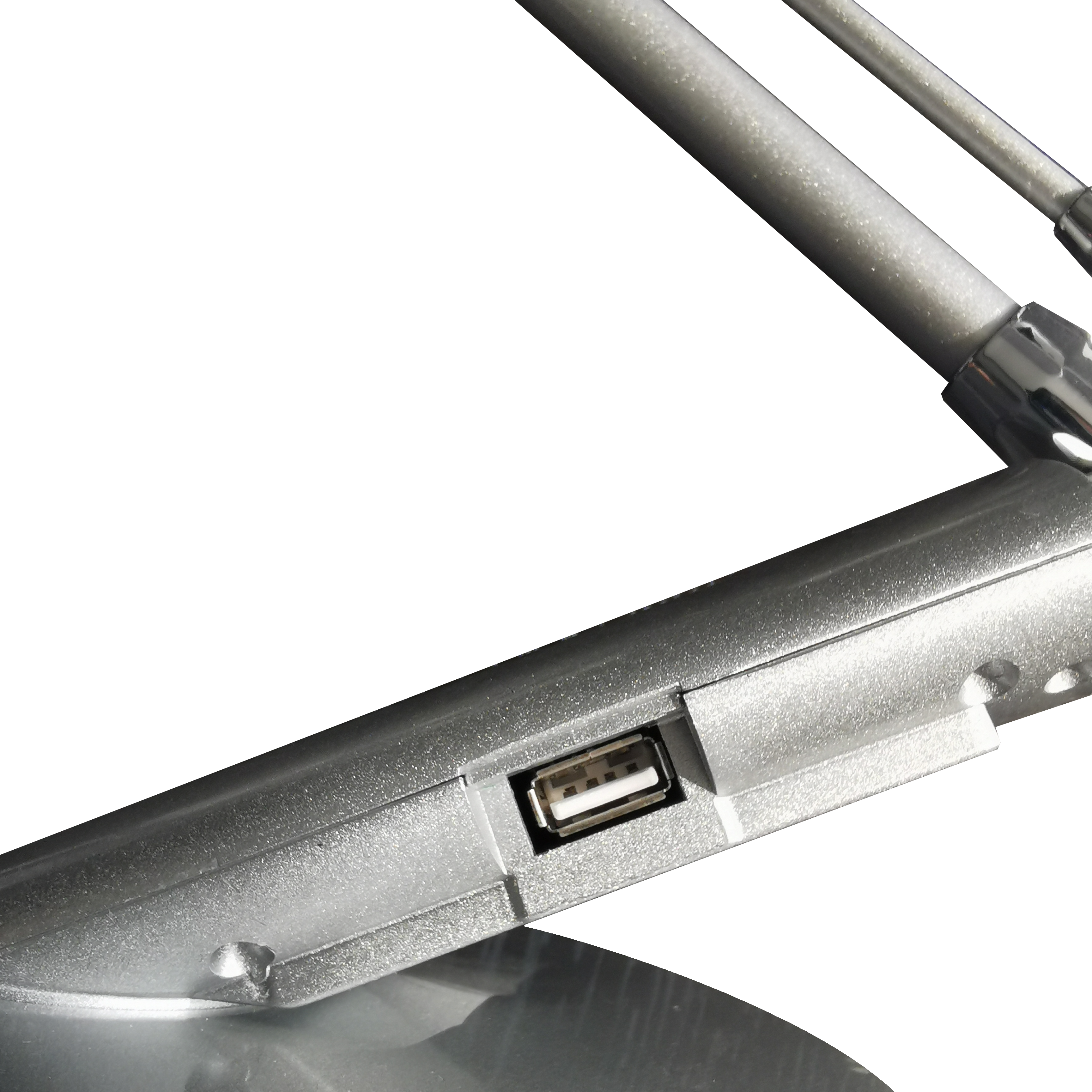 Flexo LED Clase 7W Plata - Vista frontal, mostrando detalles del diseño y el puerto USB.