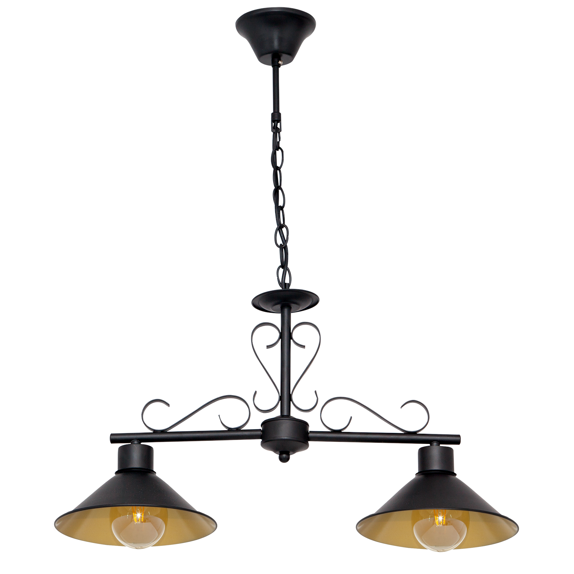 Colgante Azalea 2xE27 Negro/Oro de Fabrilamp/Abrila. Diseño rústico elegante para iluminar salones y comedores.