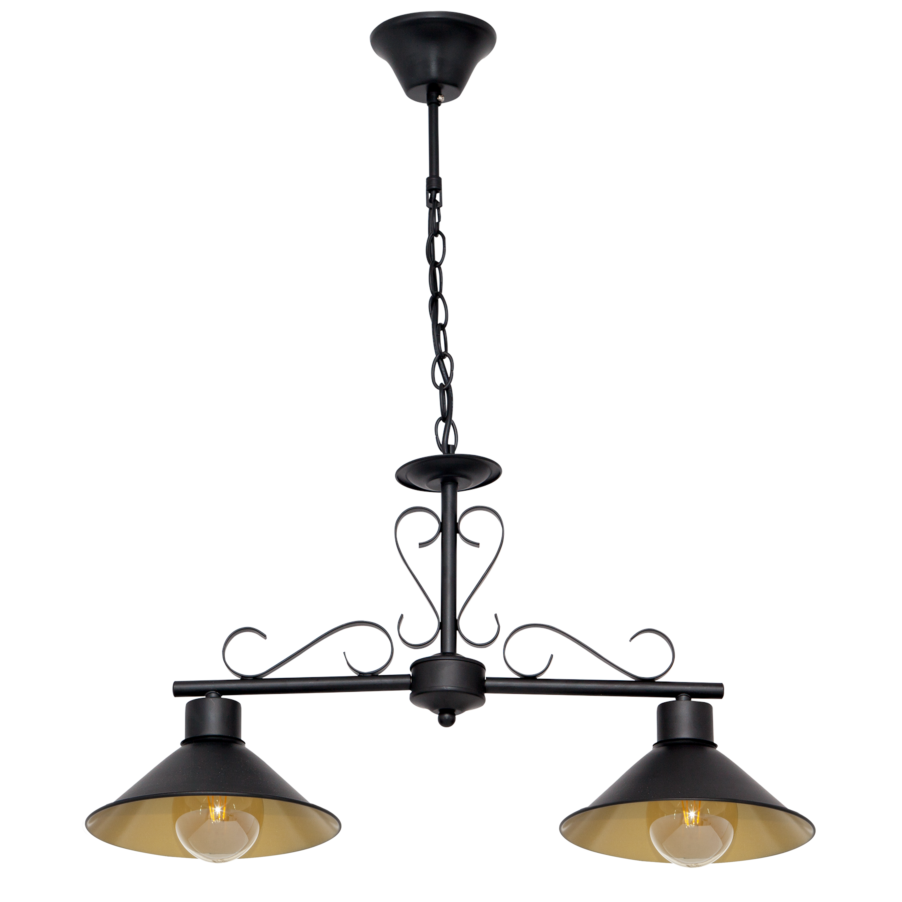 Colgante Azalea 2xE27 Negro/Oro de Fabrilamp/Abrila. Diseño rústico elegante para iluminar salones y comedores.