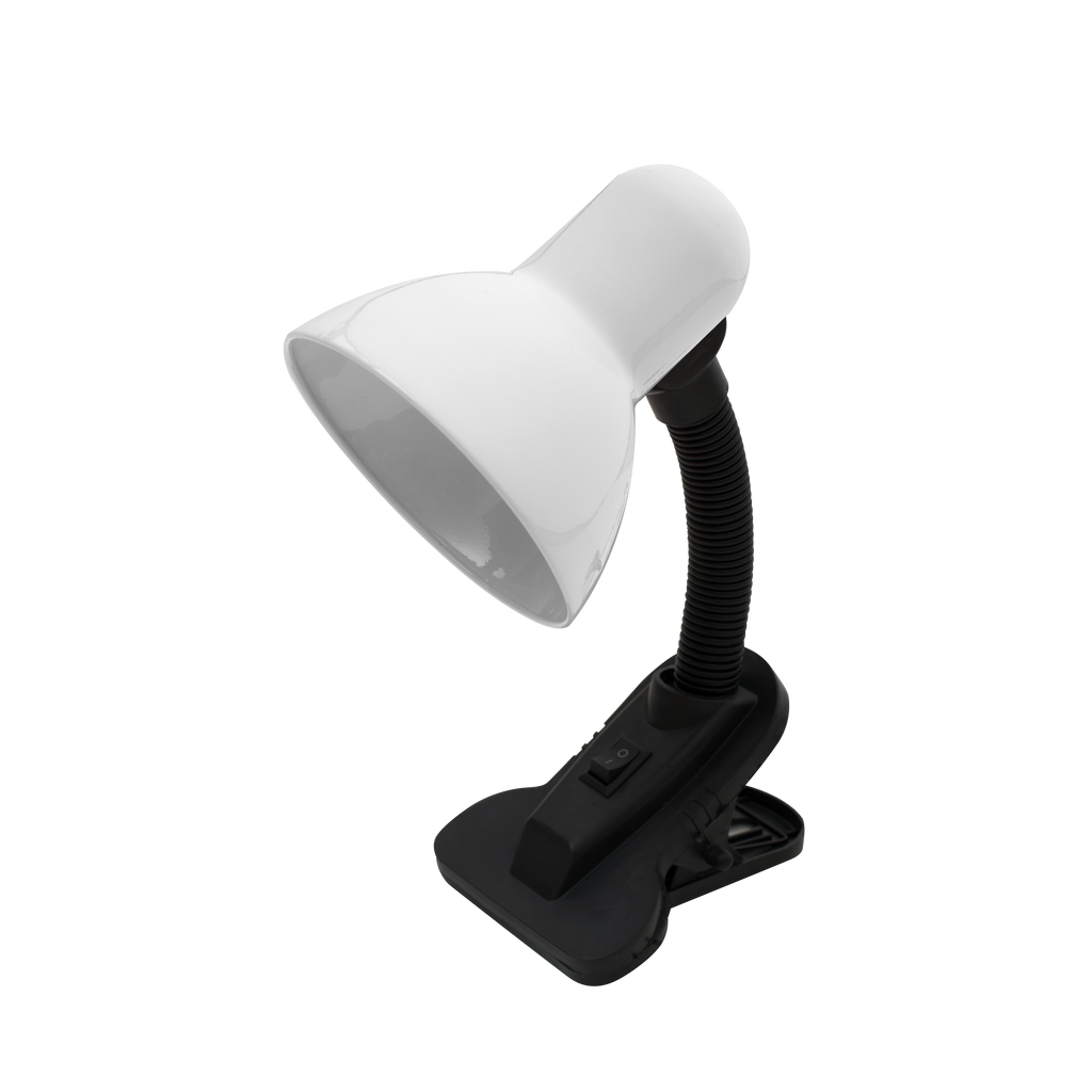 Flexo Yezco blanco y negro con pinza, flexible y orientable, ideal para escritorio o mesita de noche.