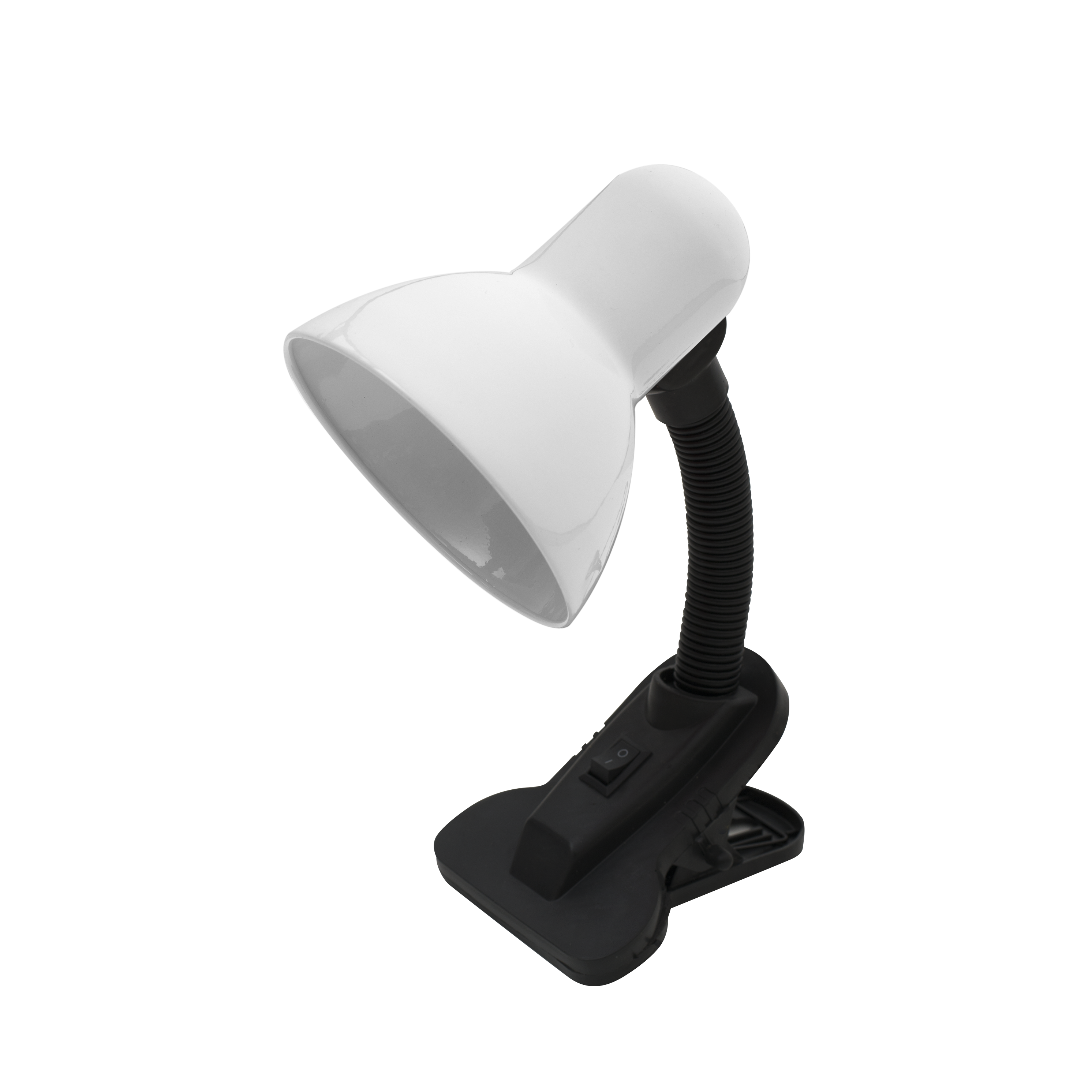 Flexo Yezco blanco y negro con pinza, flexible y orientable, ideal para escritorio o mesita de noche.