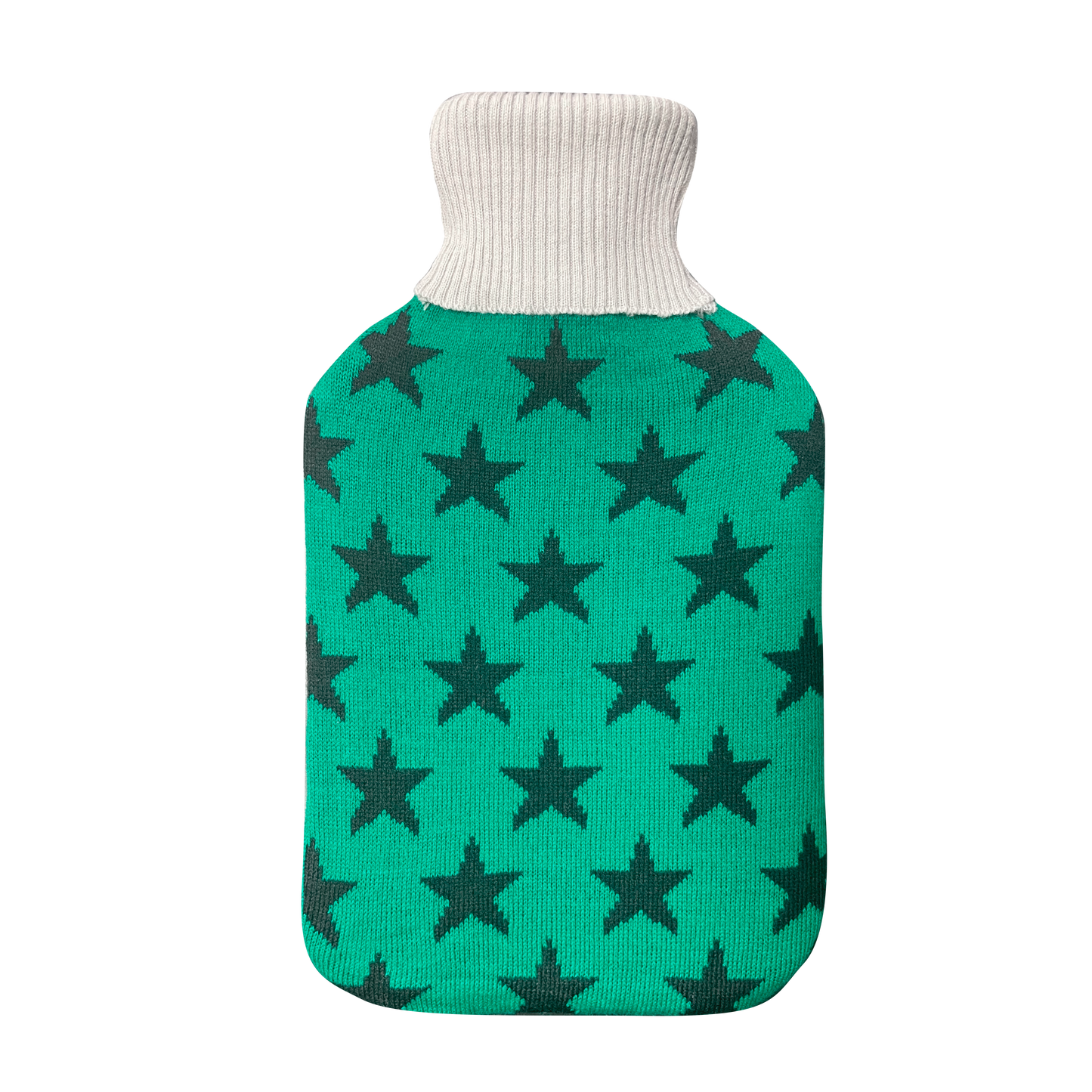 Bolsa de agua caliente Mimo 1.7L con funda verde estrellas, vista frontal.