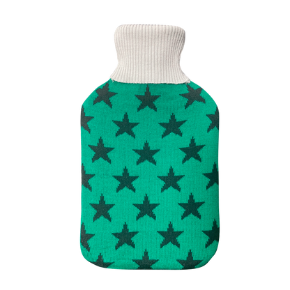 Bolsa de agua caliente Mimo 1.7L con funda verde estrellas, vista frontal.