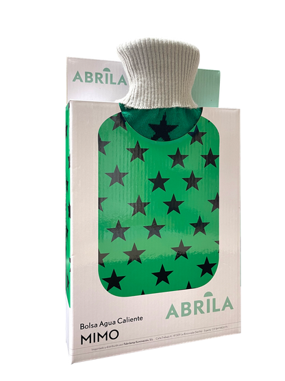 Bolsa de agua caliente Mimo 1.7L con funda verde estrellas, vista frontal.