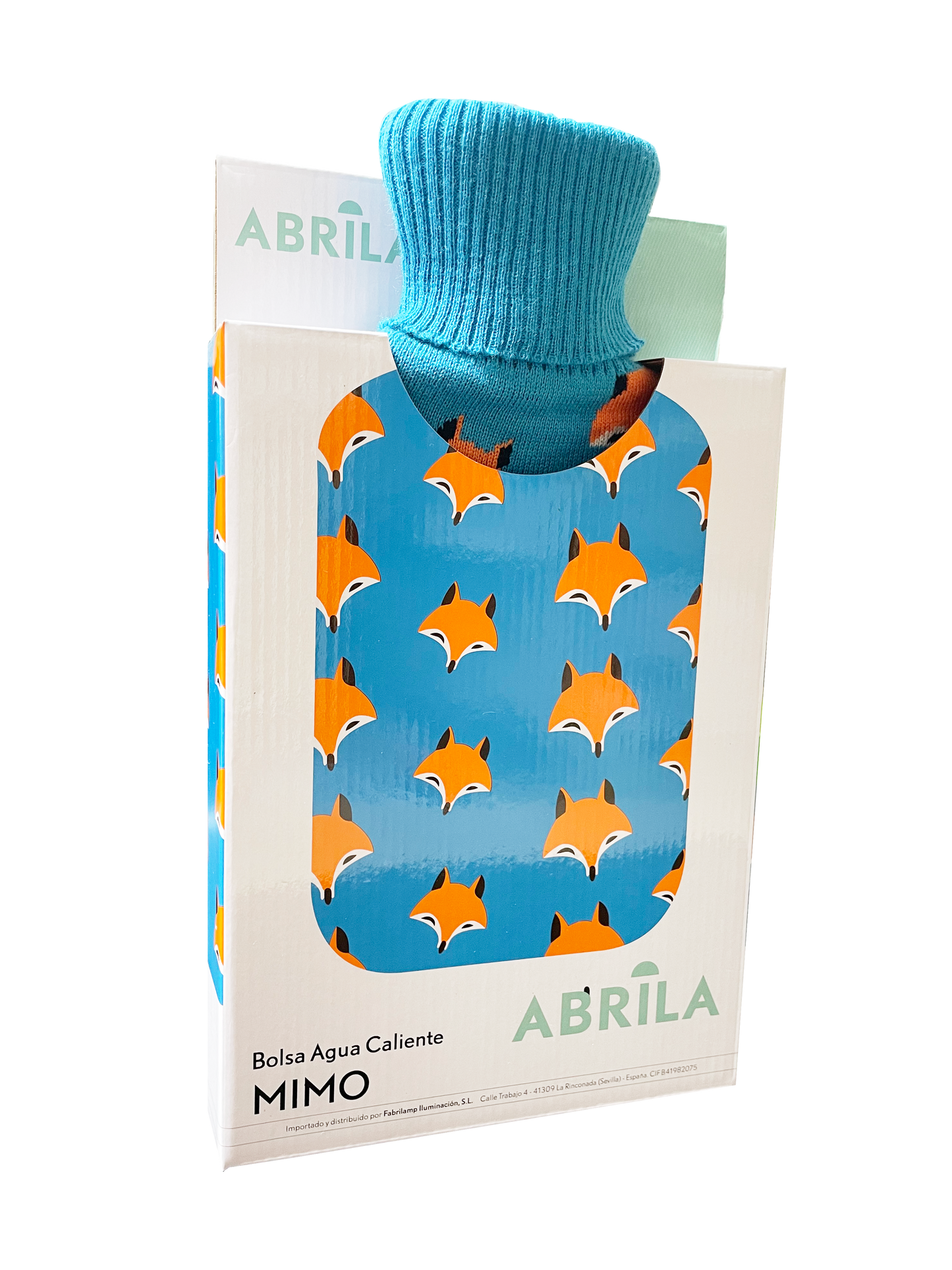 Bolsa de agua caliente Mimo 1,7l con funda azul y diseño de zorros. Fabrilamp.