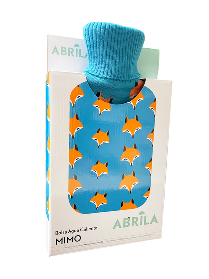 Bolsa de agua caliente Mimo 1,7l con funda azul y diseño de zorros. Fabrilamp.