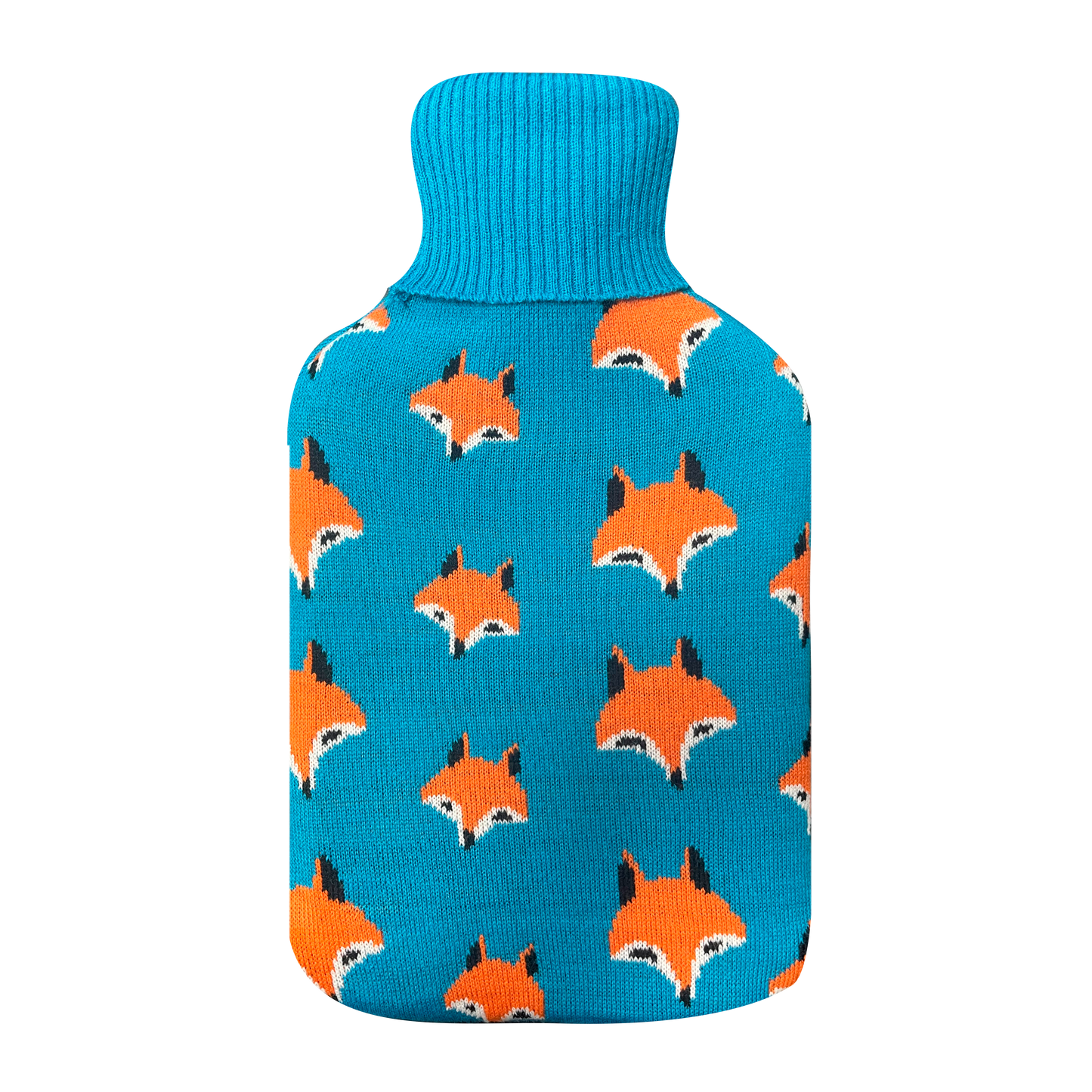 Bolsa de agua caliente Mimo 1,7l con funda azul y diseño de zorros. Fabrilamp.