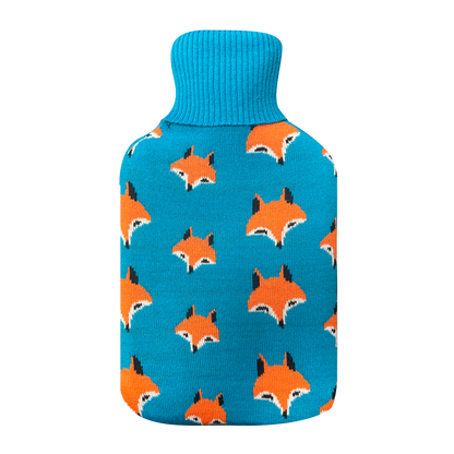 Bolsa de agua caliente Mimo 1,7l con funda azul y diseño de zorros. Fabrilamp.