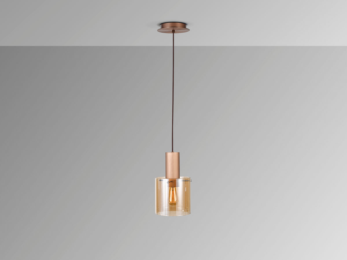 Lámpara Colgante Venize Cobre Satinado y Cristal Ámbar Schuller en ambiente decorado | Schuller