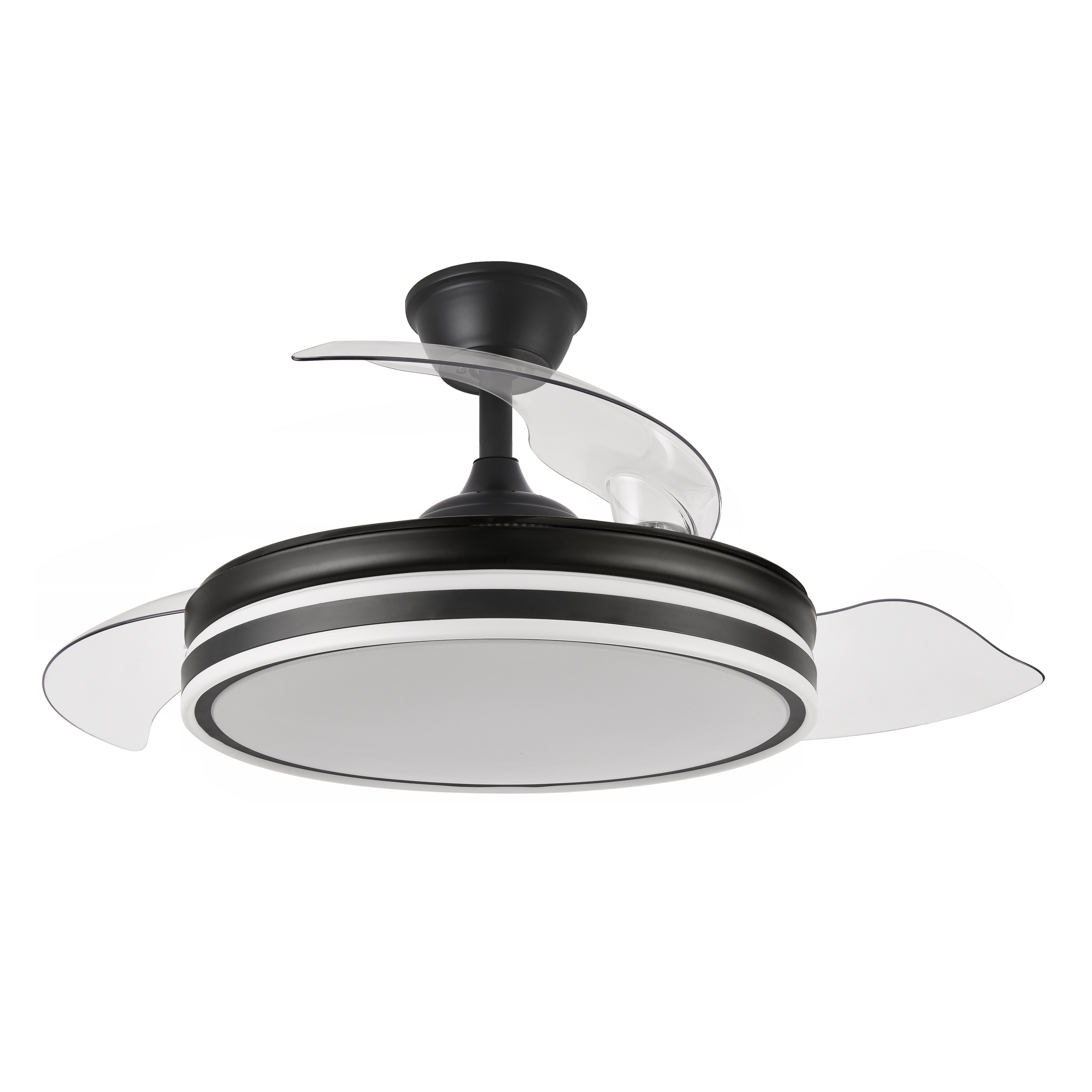 Ventilador Bayomo 72w Negro con aspas desplegables, vista frontal.