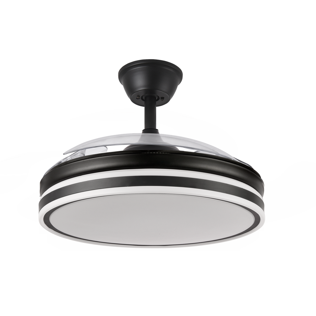 Ventilador Bayomo 72w Negro con aspas desplegables, vista frontal.