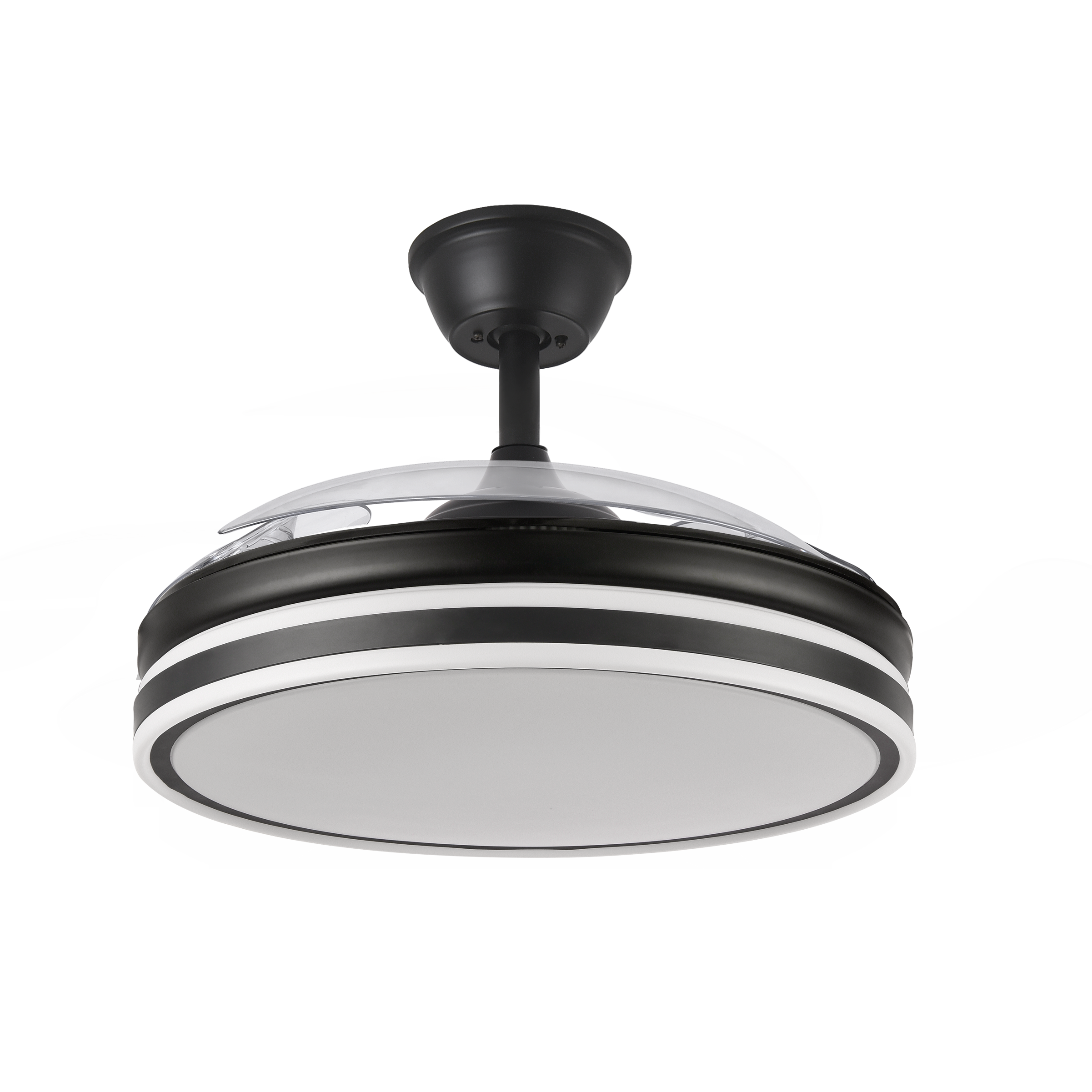 Ventilador Bayomo 72w Negro con aspas desplegables, vista frontal.