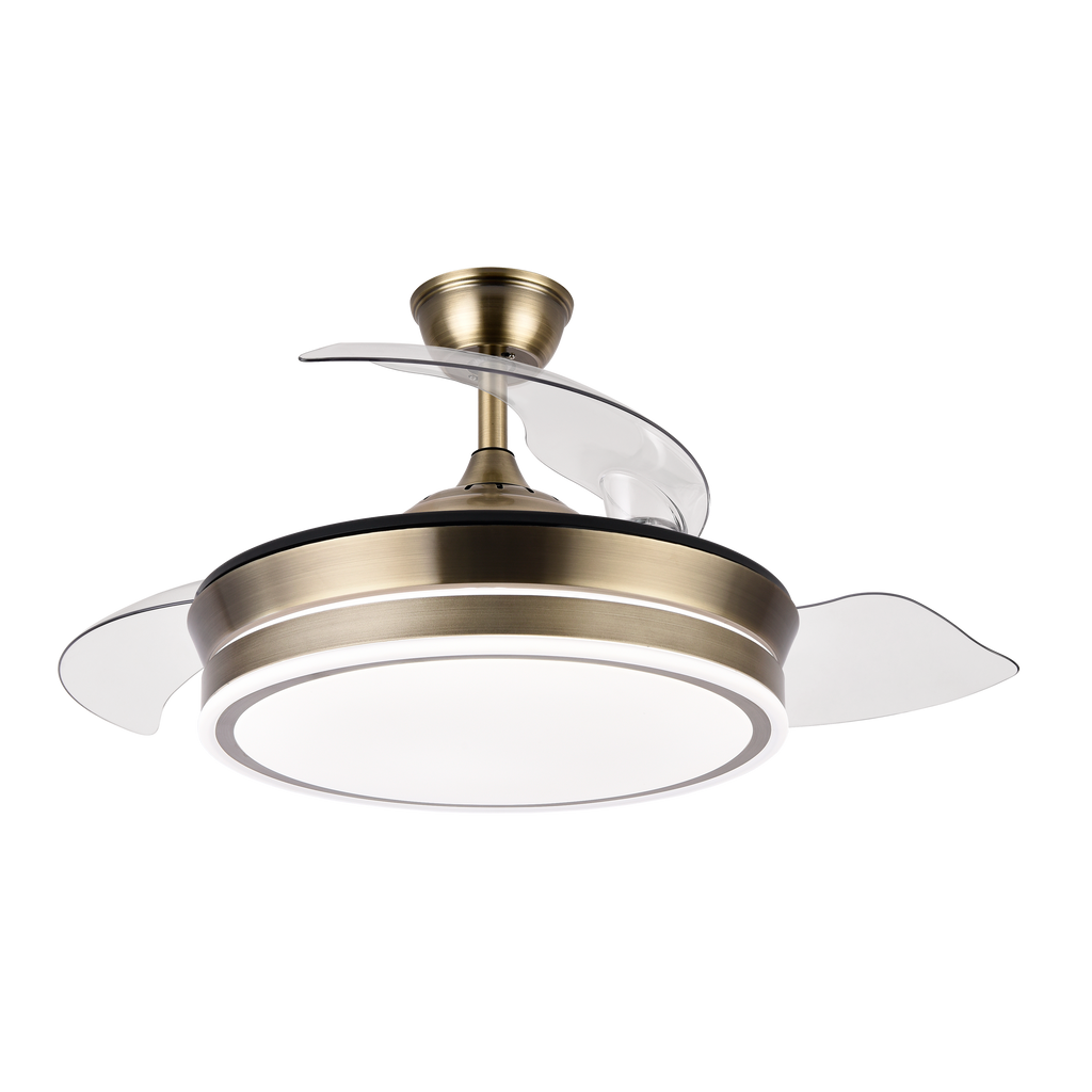 Ventilador Bayomo Cuero 72W, vista frontal con aspas desplegadas, luzguru.com