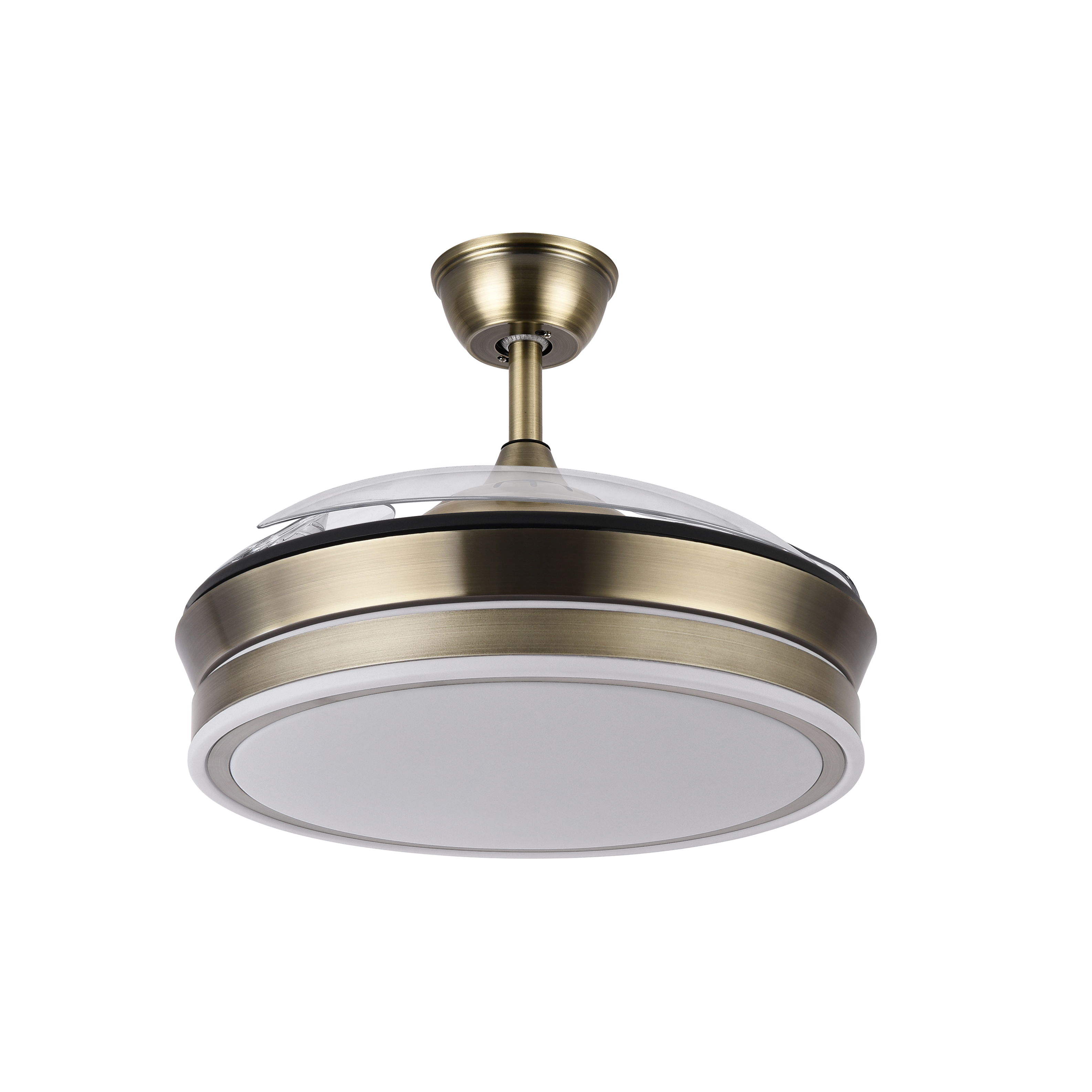 Ventilador Bayomo Cuero 72W, vista frontal con aspas desplegadas, luzguru.com