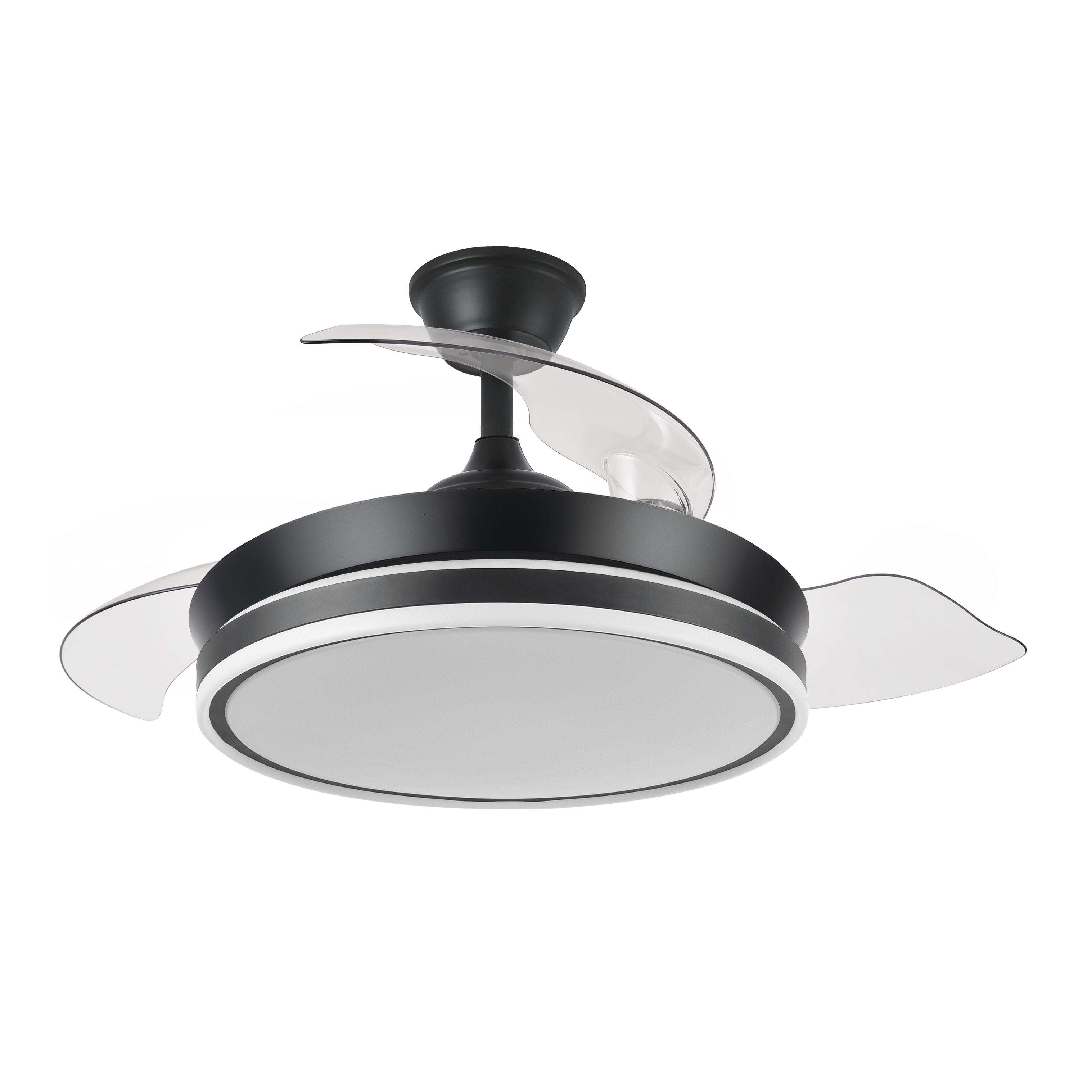 Ventilador Bayomo Negro 72W con aspas plegables, vista frontal. luzguru.com