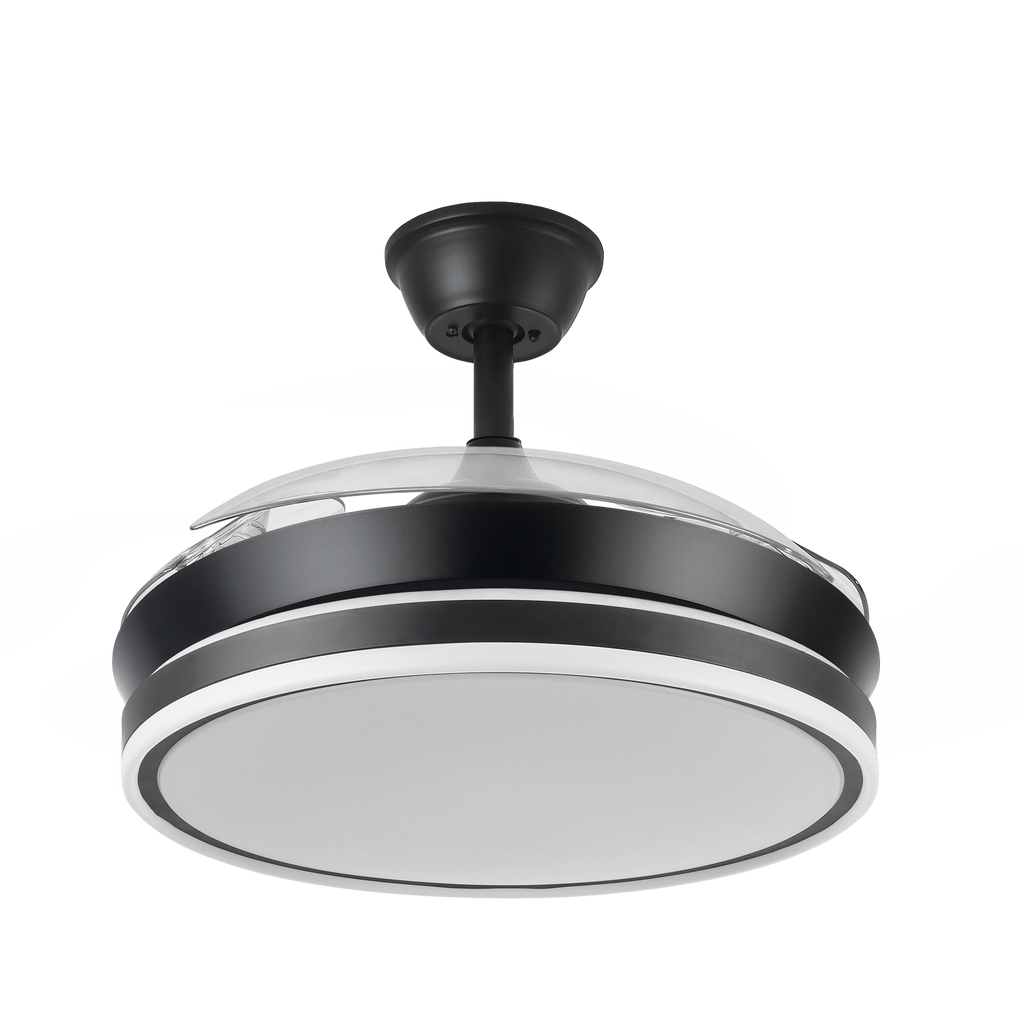 Ventilador Bayomo Negro 72W con aspas plegables, vista frontal. luzguru.com