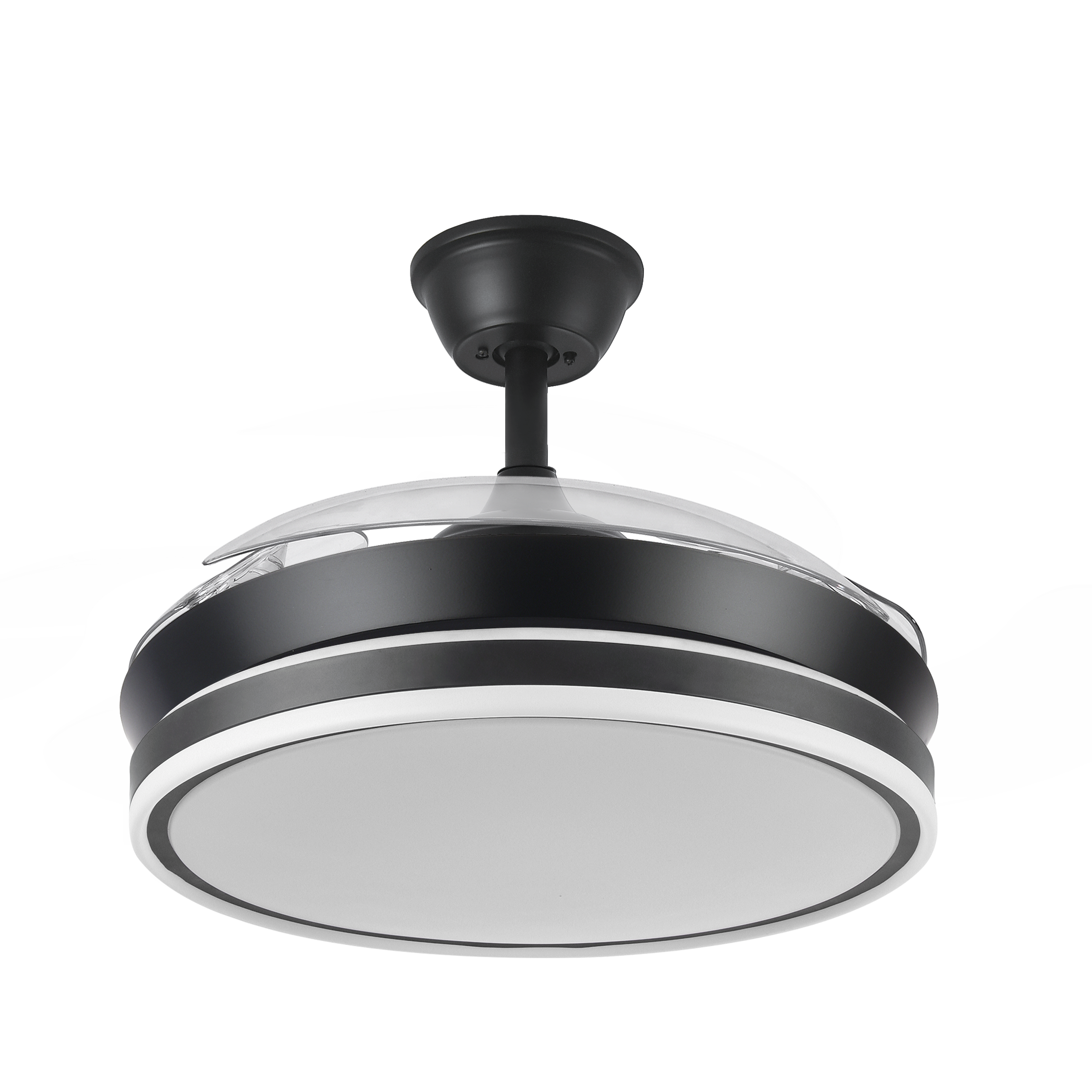 Ventilador Bayomo Negro 72W con aspas plegables, vista frontal. luzguru.com