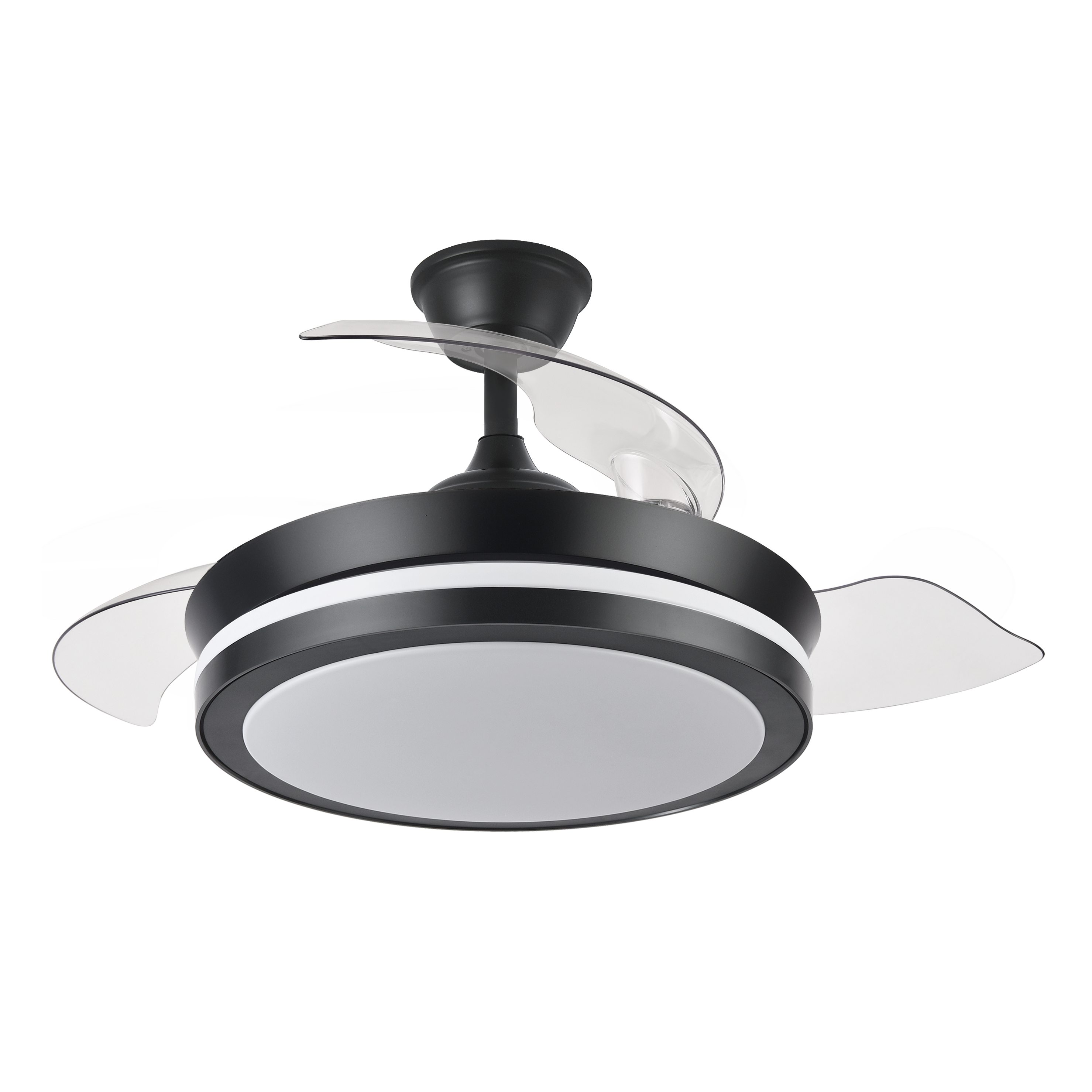 Ventilador de techo Esparta Mini Negro 72W de Fabrilamp, vista frontal con aspas desplegadas.