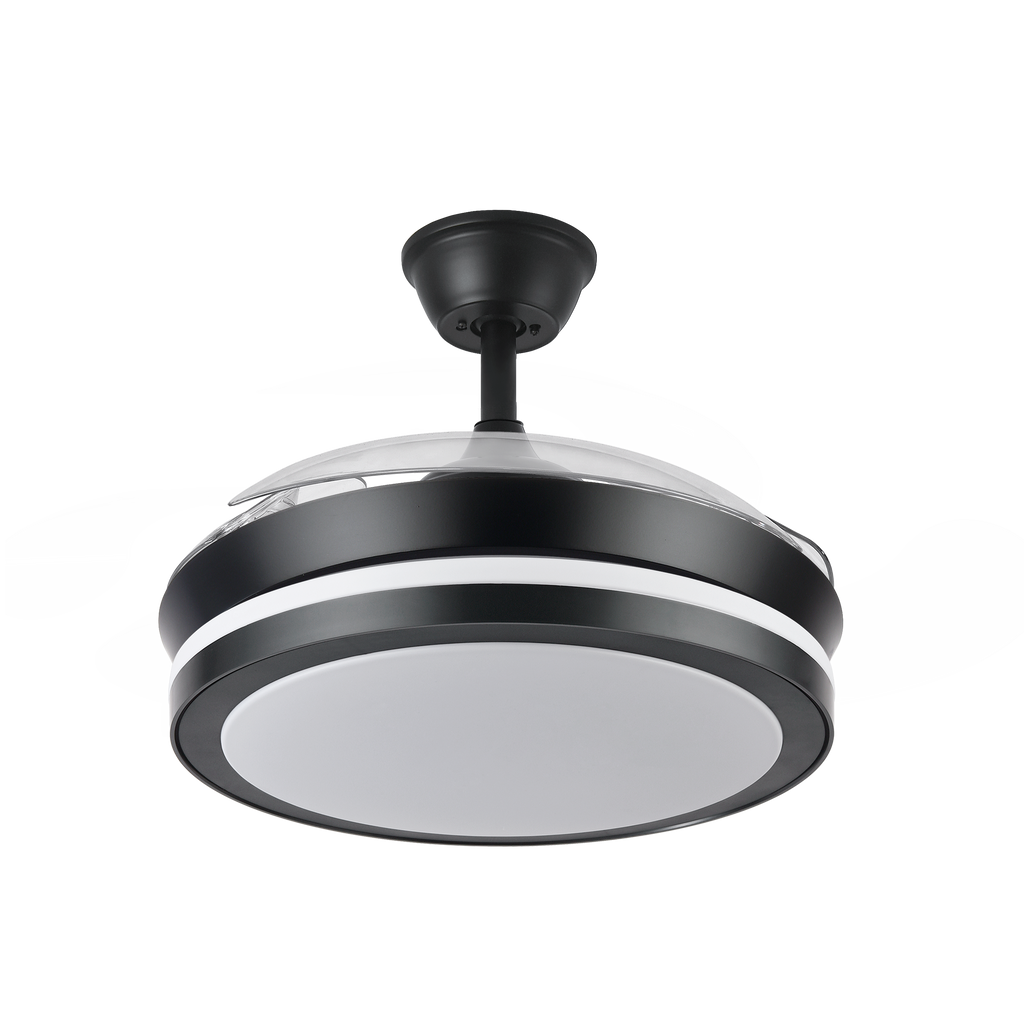 Ventilador de techo Esparta Mini Negro 72W de Fabrilamp, vista frontal con aspas desplegadas.