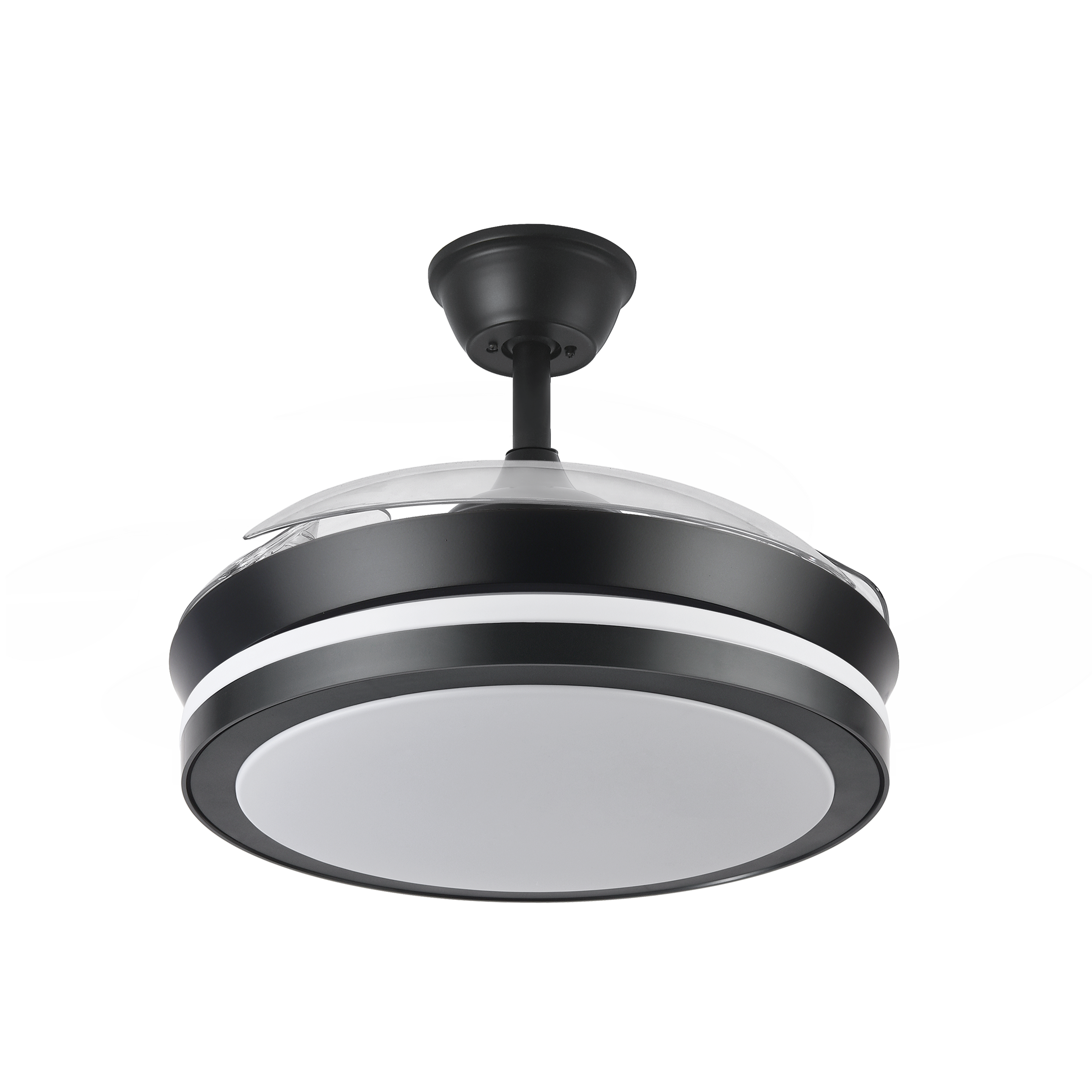 Ventilador de techo Esparta Mini Negro 72W de Fabrilamp, vista frontal con aspas desplegadas.