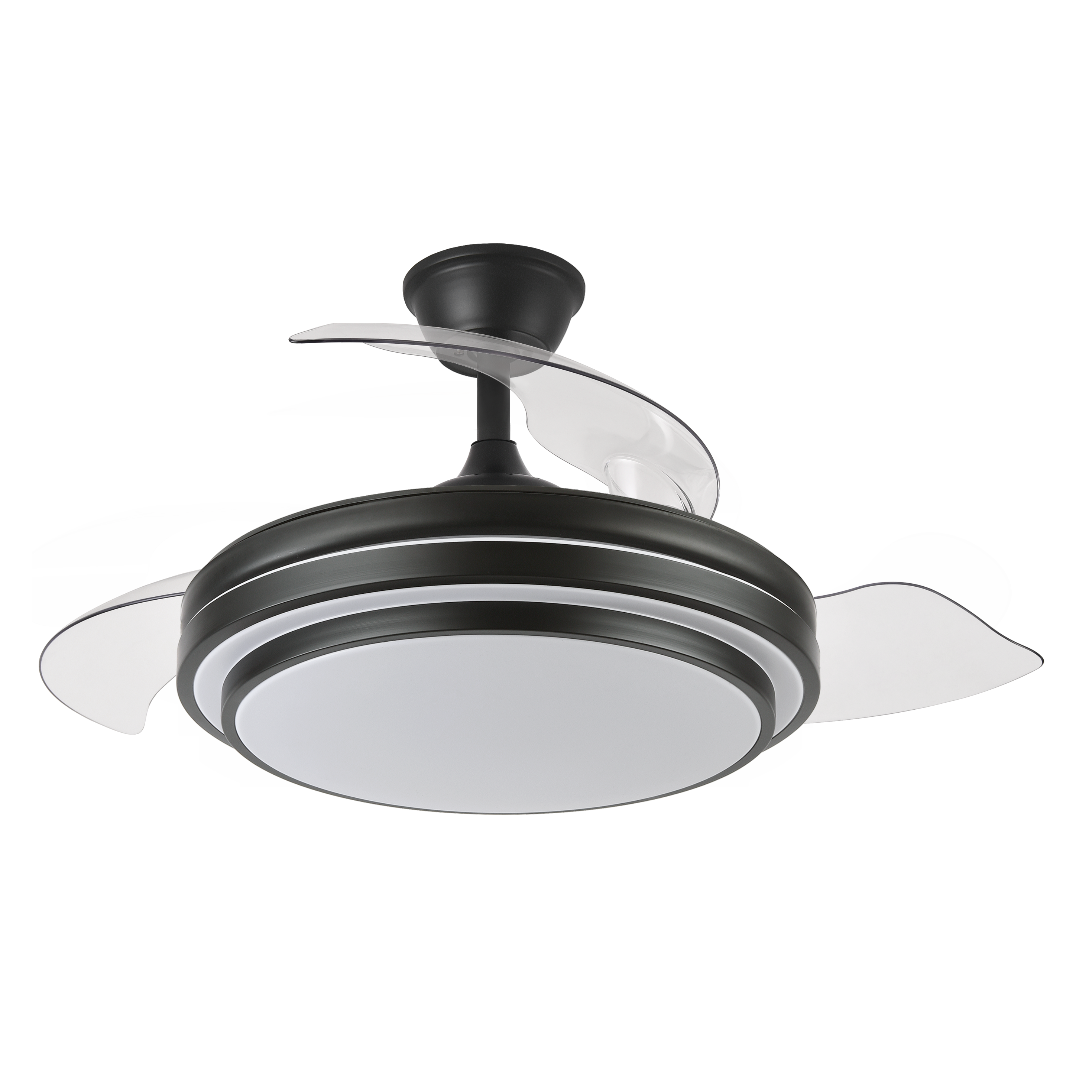 Ventilador de techo IBE 59W negro con aspas retráctiles, vista frontal.