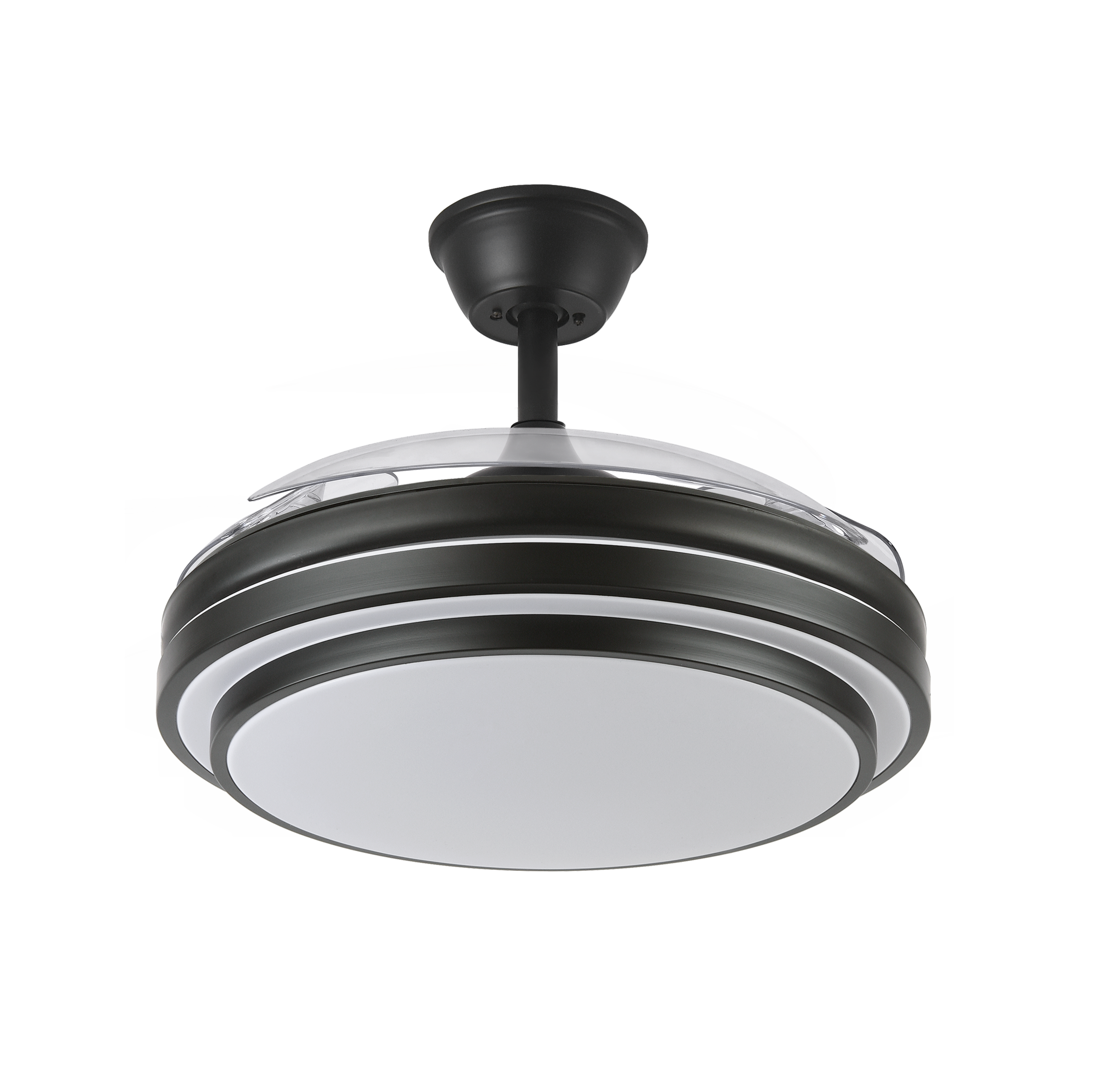 Ventilador de techo IBE 59W negro con aspas retráctiles, vista frontal.