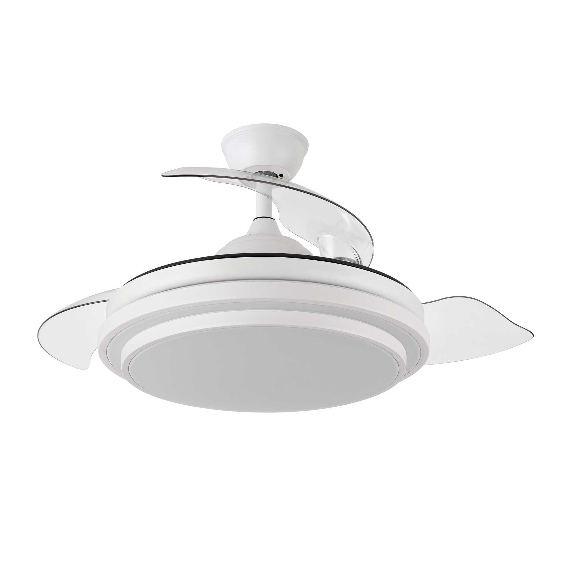 Ventilador de techo IBE blanco con aspas retractiles, mando a distancia y luz LED integrada.