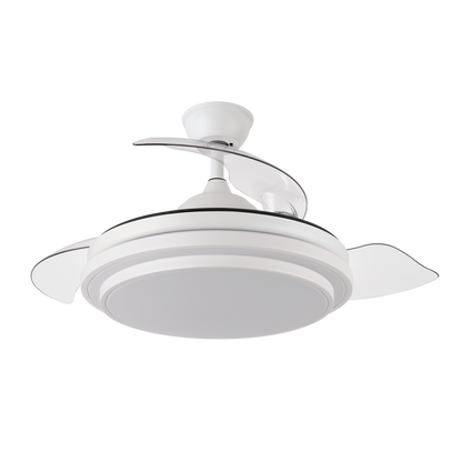 Ventilador de techo IBE blanco con aspas retractiles, mando a distancia y luz LED integrada.
