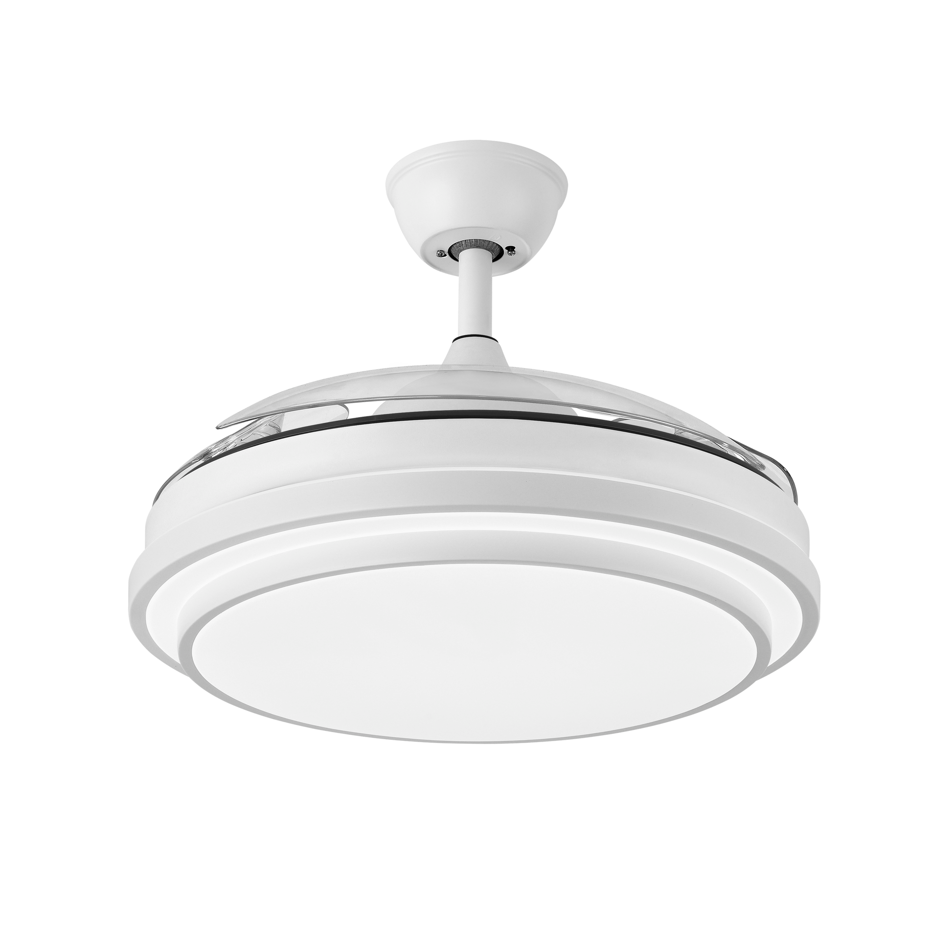 Ventilador de techo IBE blanco con aspas retractiles, mando a distancia y luz LED integrada.