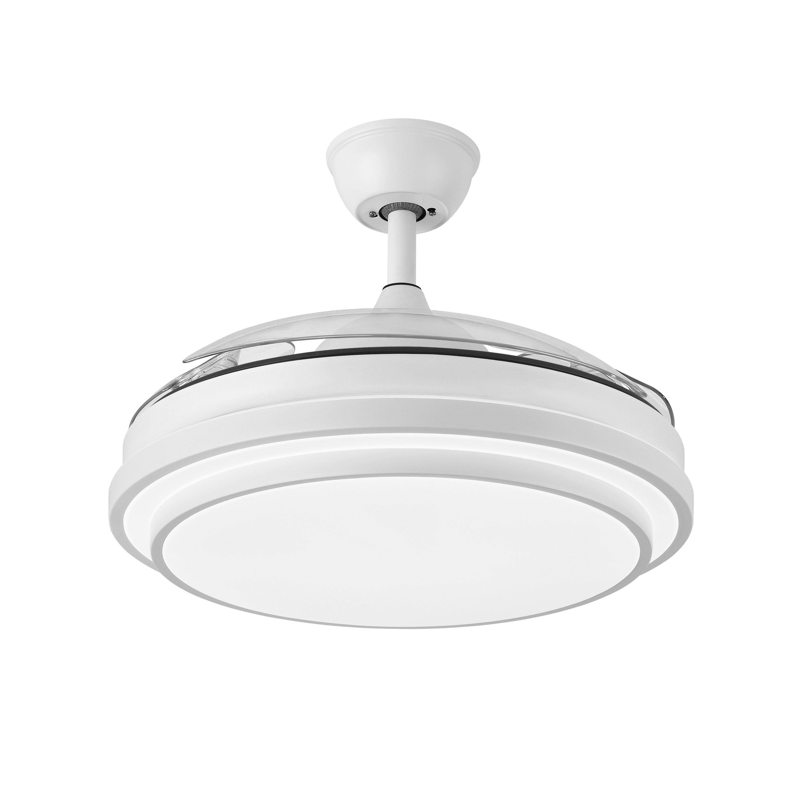 Ventilador de techo IBE blanco con aspas retractiles, mando a distancia y luz LED integrada.