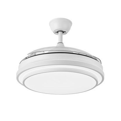 Ventilador de techo IBE blanco con aspas retractiles, mando a distancia y luz LED integrada.