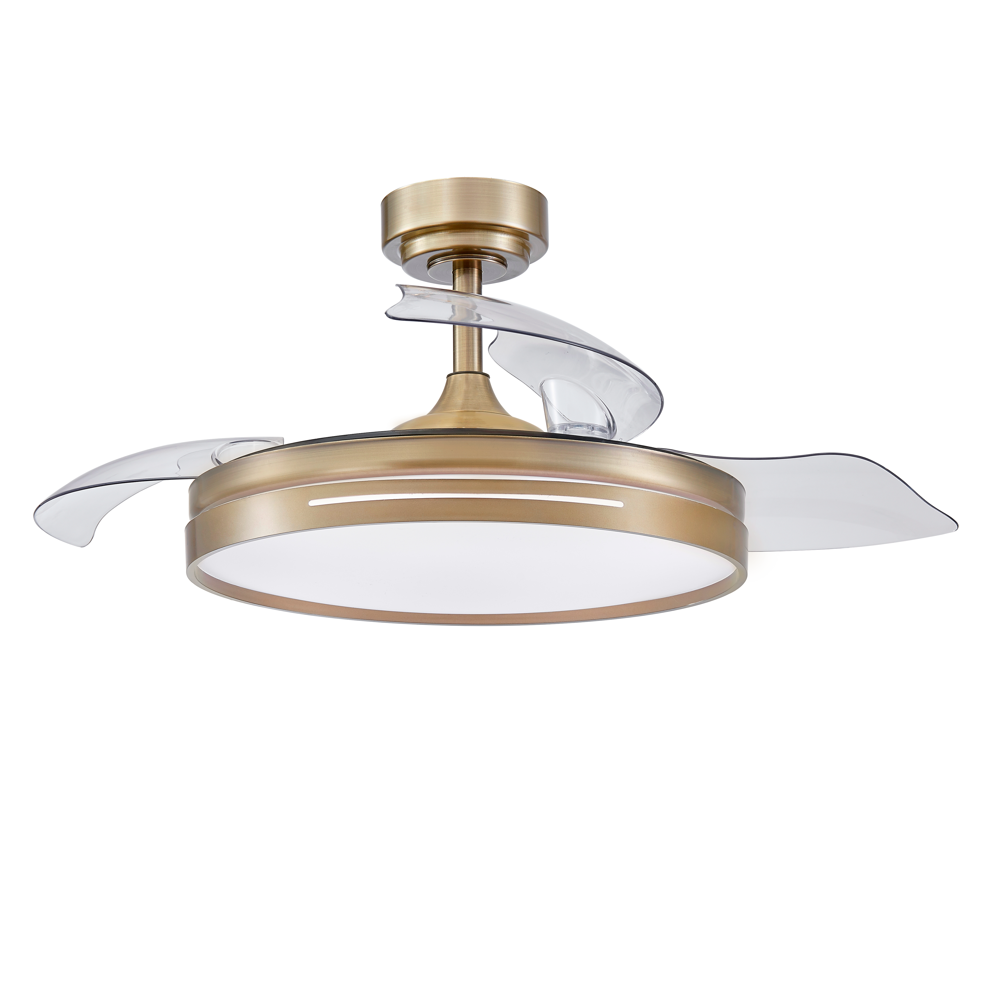 Ventilador de techo Micenas Cuero con aspas retráctiles, iluminación LED y mando a distancia.