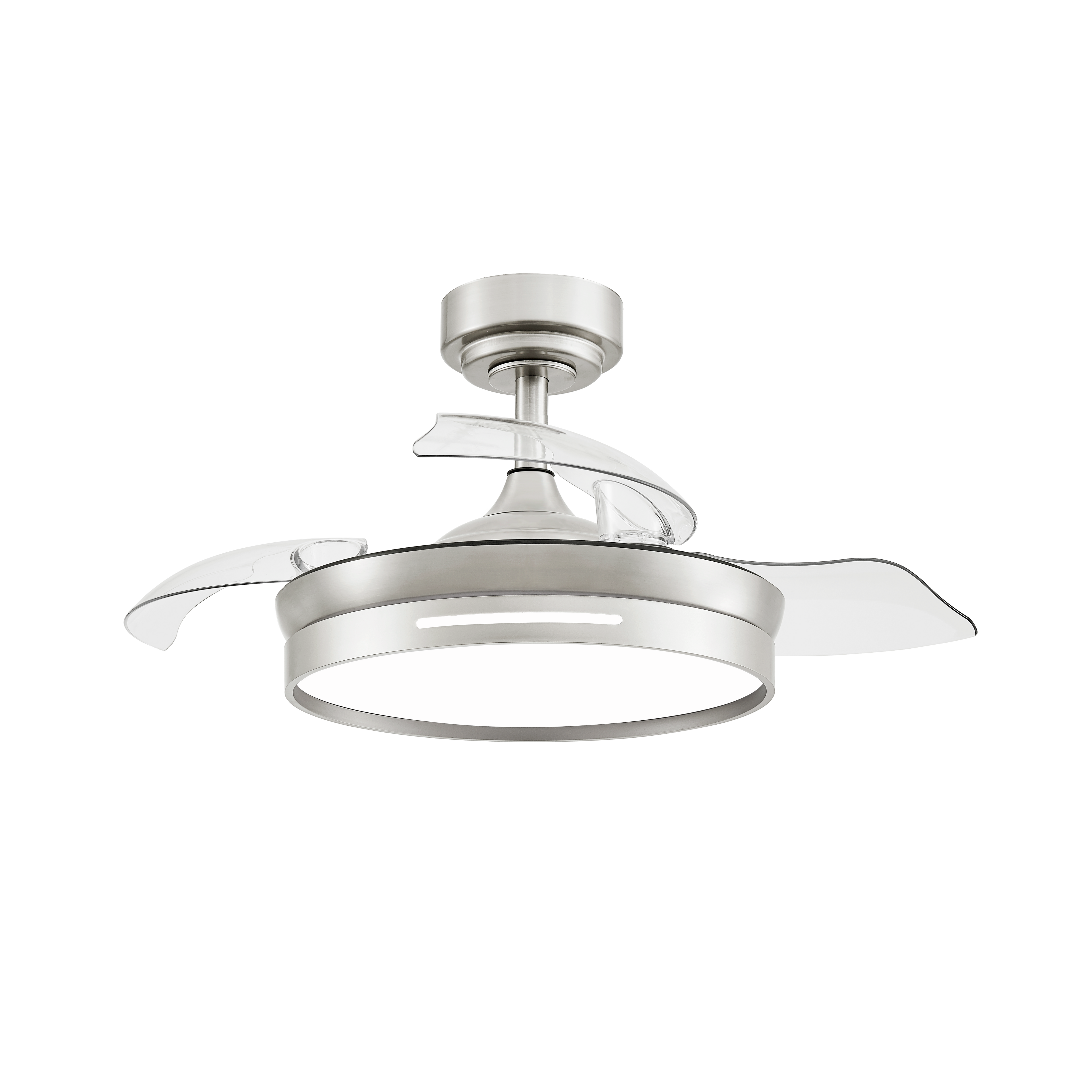 Ventilador de techo Micenas Níquel de Fabrilamp con aspas retráctiles, mostrando el diseño elegante y moderno.