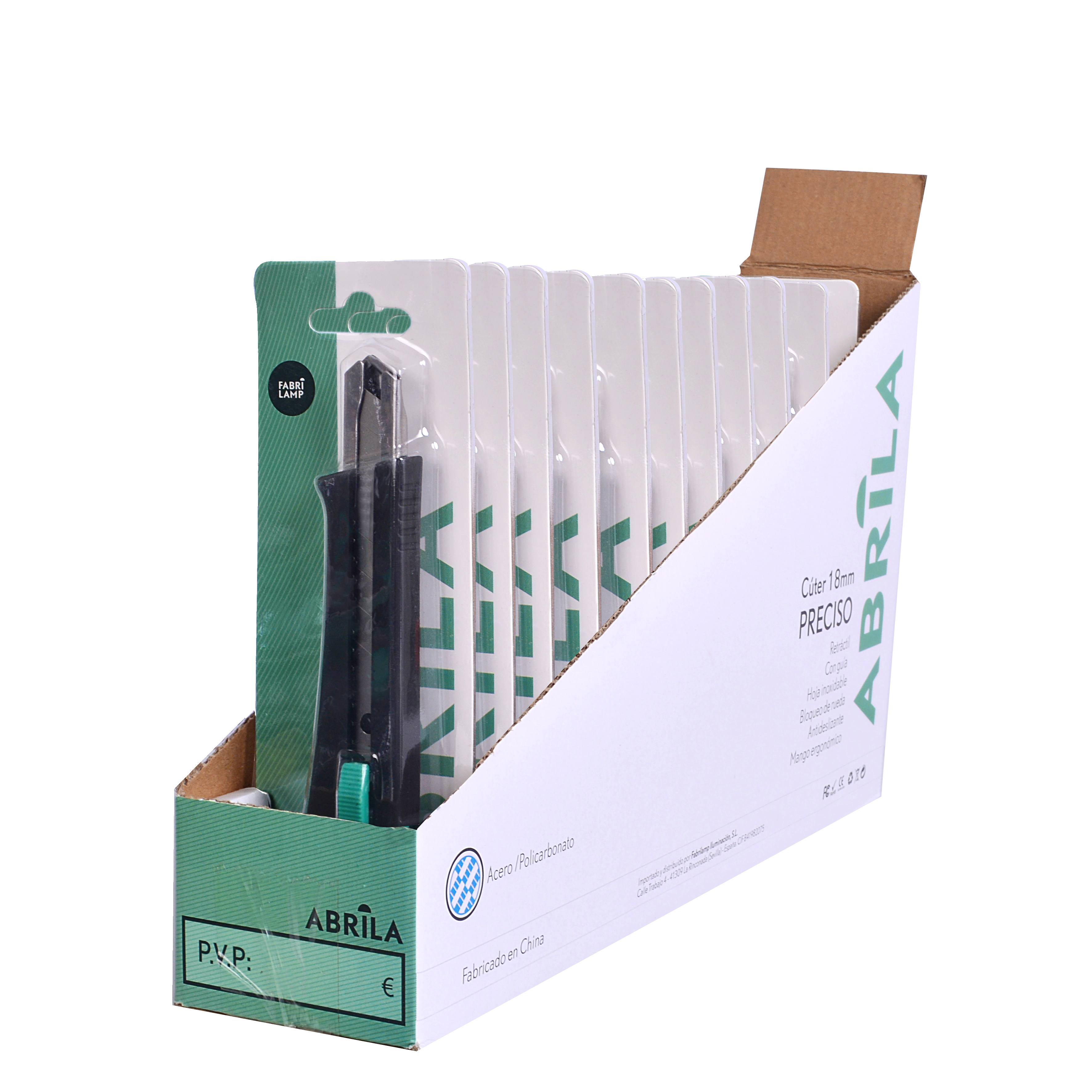 Cúter PRECISO 18mm Negro de Fabrilamp, vista frontal. Diseño ergonómico y hoja de acero inoxidable.