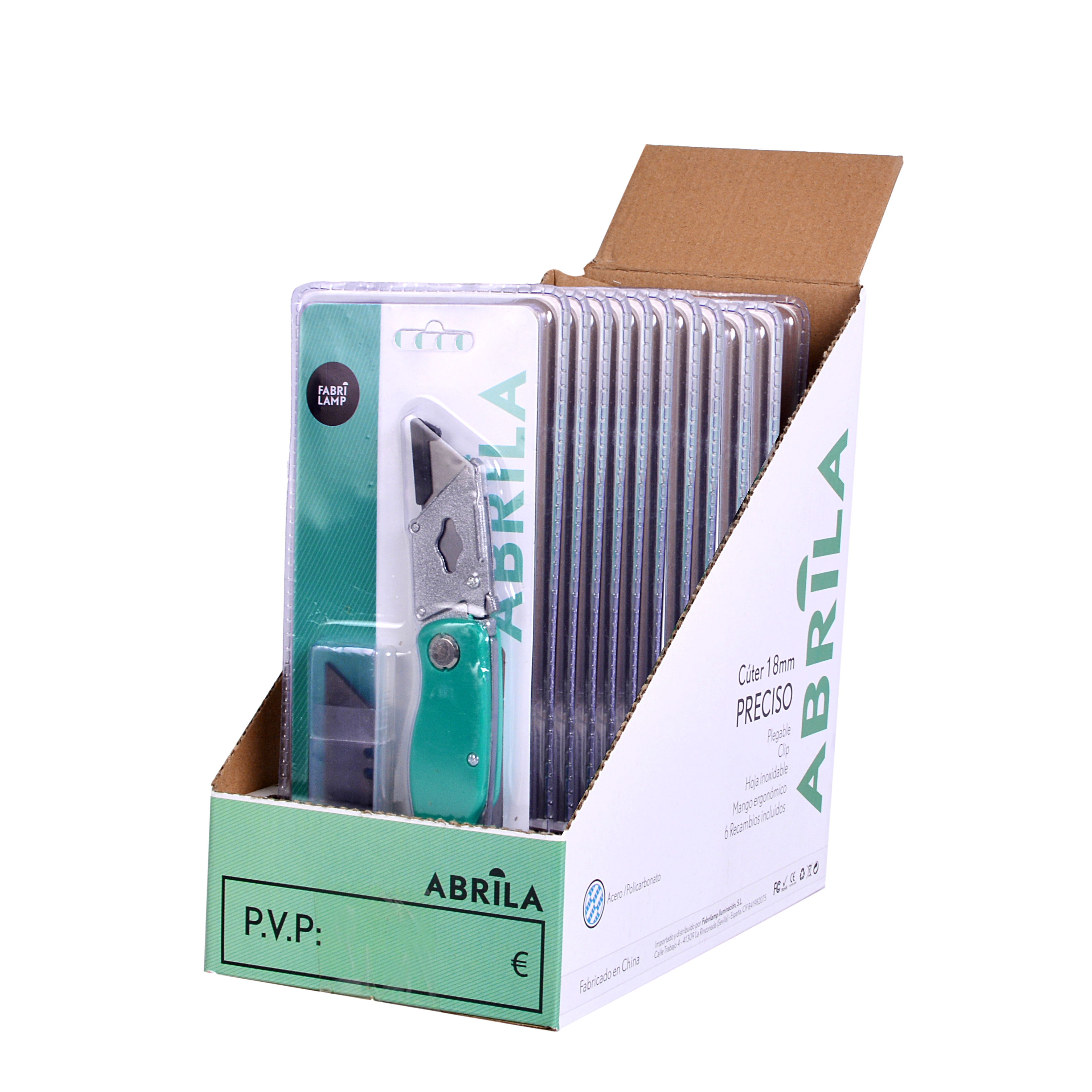 Cúter PRECISO Verde 18mm plegable con 6 recambios incluidos. Fabrilamp.