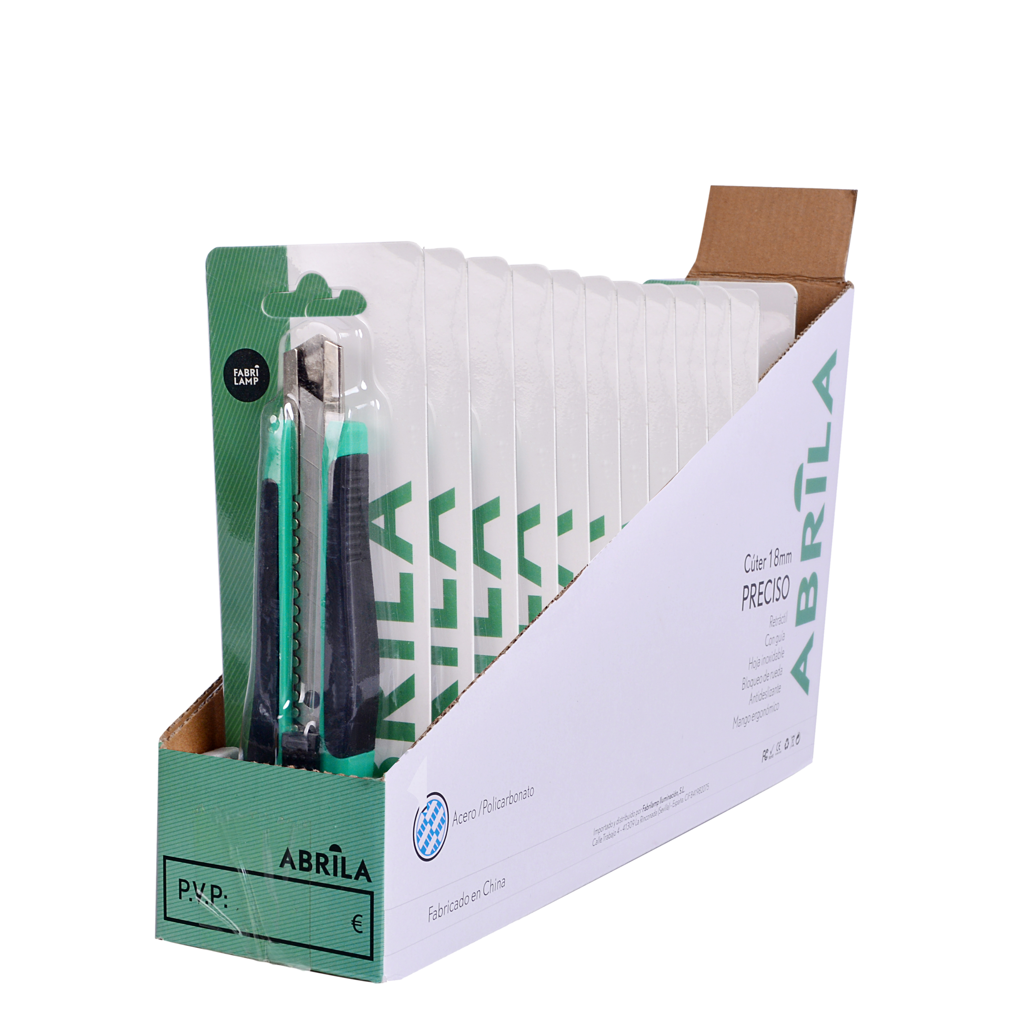 Cúter PRECISO 18mm verde y negro, vista frontal, Fabrilamp.